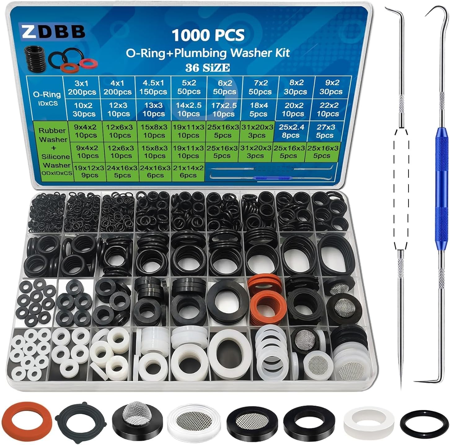 ZDBB  1000 PCS 18 Size O Ring Kit+18 Size Rubber Washers Assortment Kit