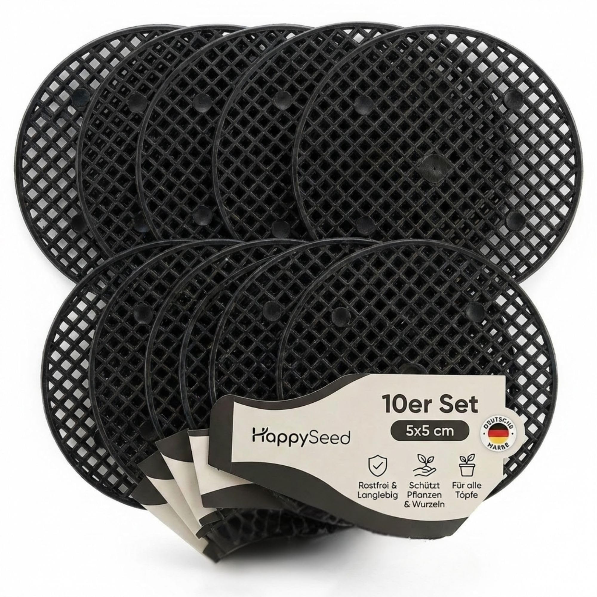 HappySeed 10er Set Bonsai Abdecknetz aus Kunststoff, Schwarz - Drainage Gitter rund für Bonsai Schale, Blumentopf oder Pflanzkübel - ⌀ 5,5 cm