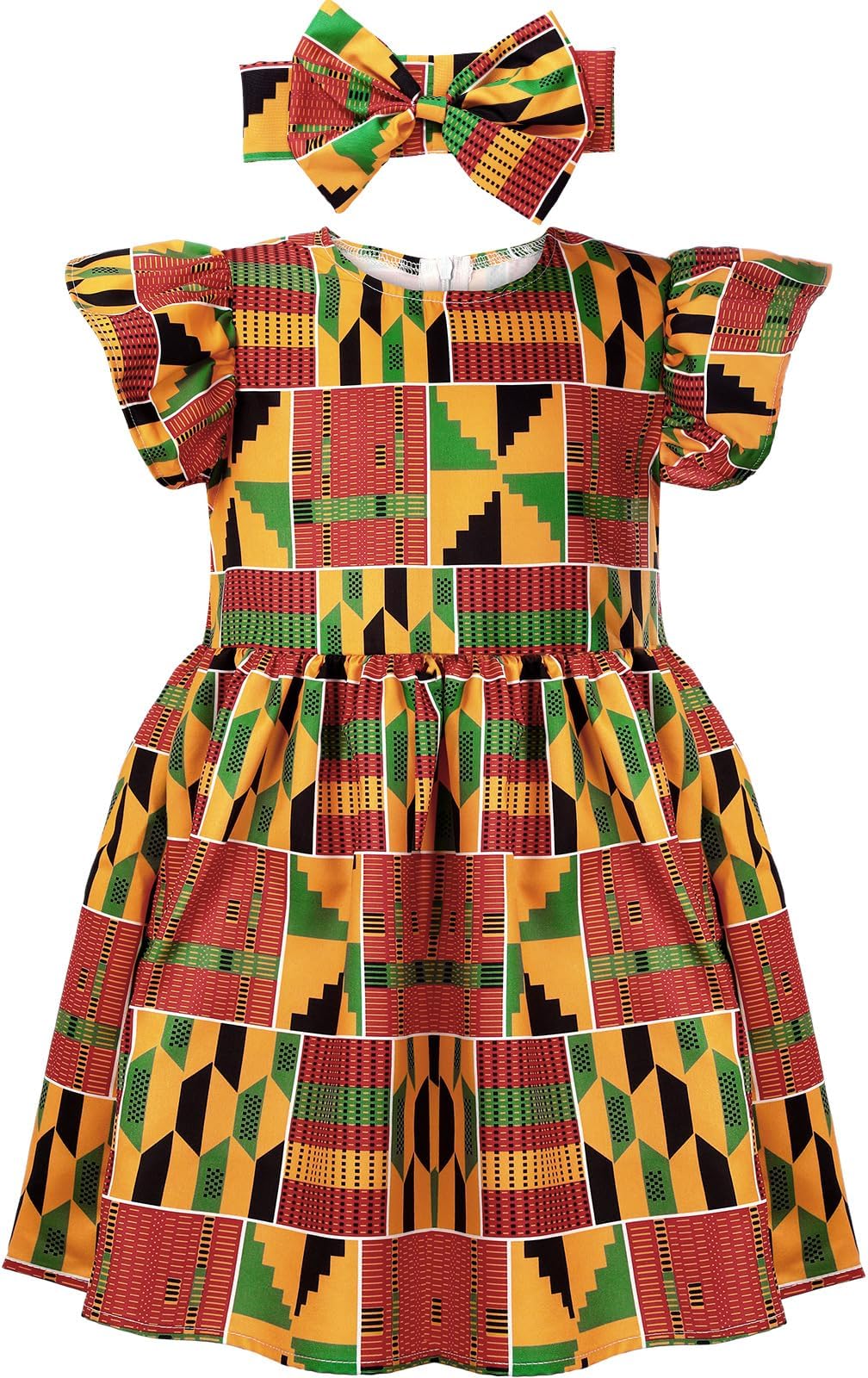 Haysandy2 Pcs African Toddler Girl Dashiki Ankara Outfit African Dashiki Dress Headband Set Print Summer Party Clothes