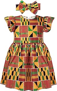 2 Pcs African Toddler Girl Dashiki Ankara Outfit African Dashiki Dress Headband Set Print Summer Party Clothes - Buy now
