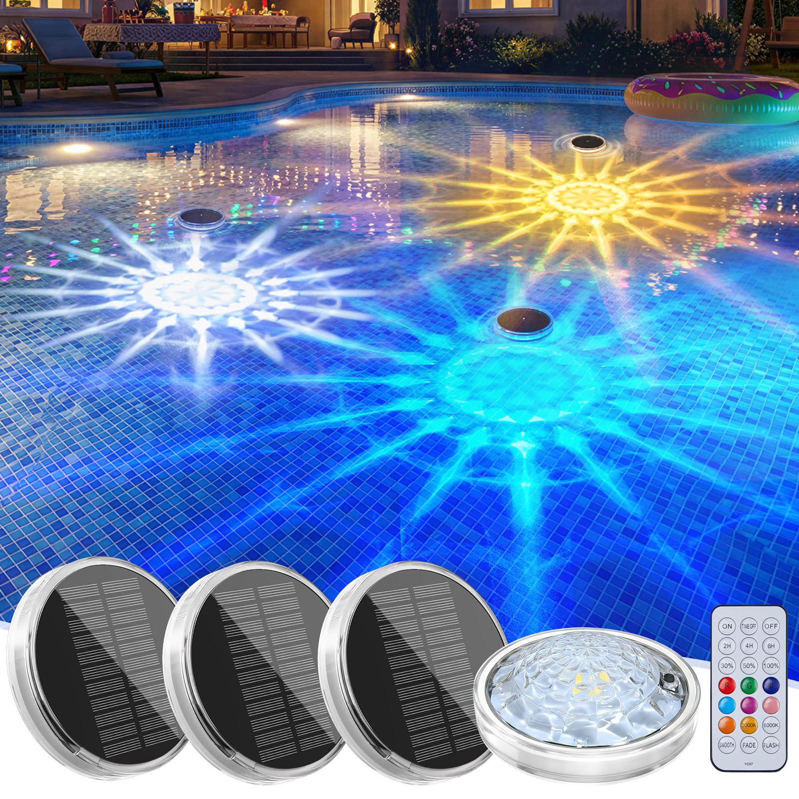 Photo 1 of Solar Floating Pool Lights 4 Pack, RGBWW 12 Lighting Modes, 3 Dimming & Timing IP68 Waterproof with Remote Control, Floating Solar Pool Lights for Above Ground Pools Inground Pools Accessories