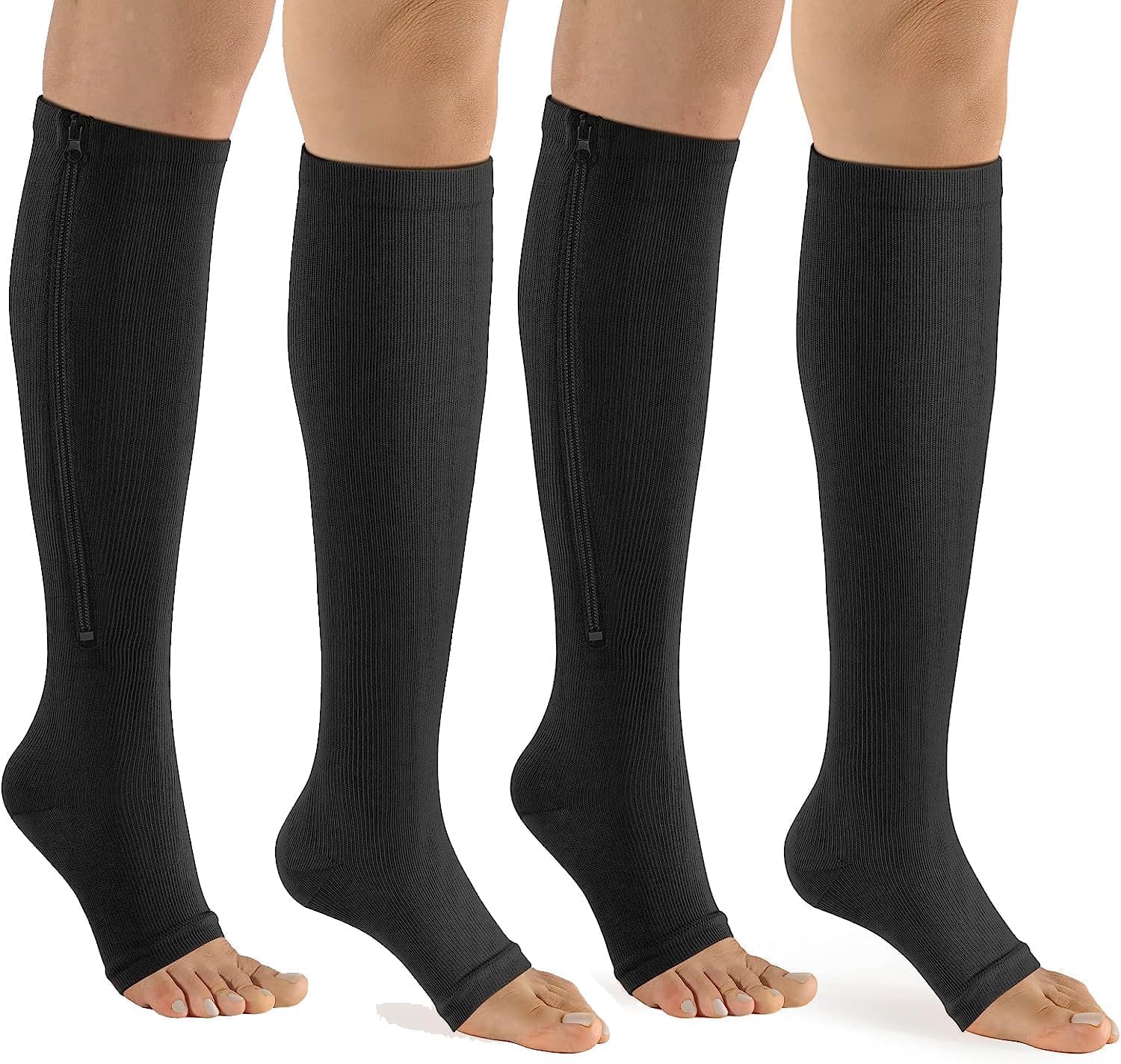 Zipper Open Toe Compression Socks2 Pairs Calf Knee 1520