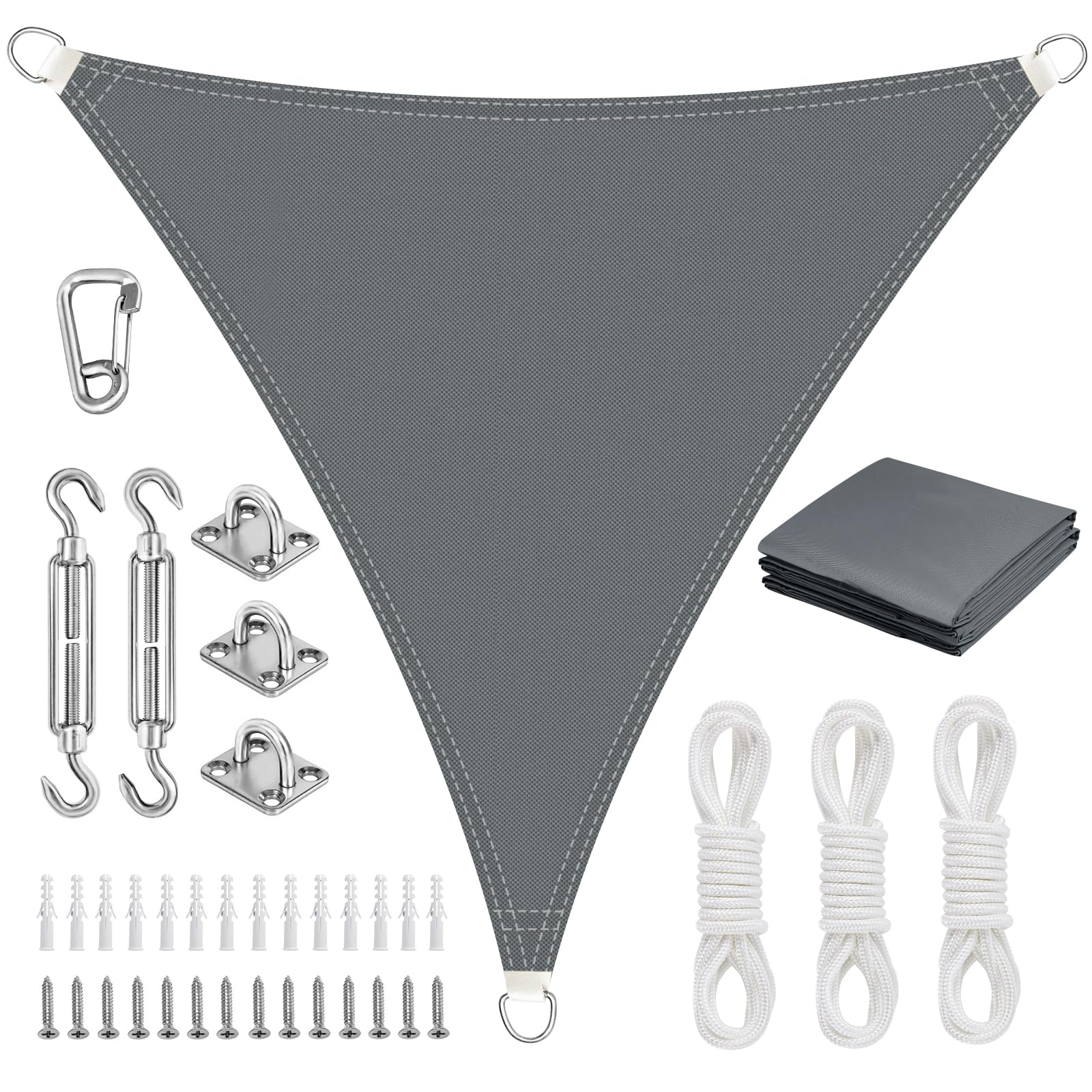 Voile D'ombrage Triangulaire 4x4x4m Avec Kit Fixation, Toile Ombrage Triangulaire Imperméable, Protection Solaire Et Anti UV, Toile D'ombrage Sans Perçage Convient aux Terrasse,Jardins et Serres（Gris）