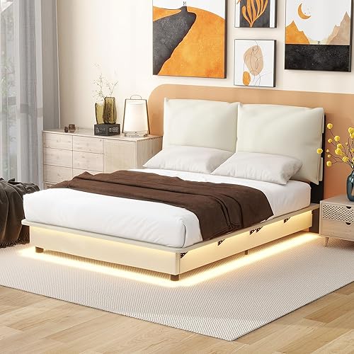 Miniatura 140 de Base de cama flotante tamaño Queen con luces LED y carga USB, marco de cama LED de plataforma tapizada moderna, no necesita somier (blanco-1)