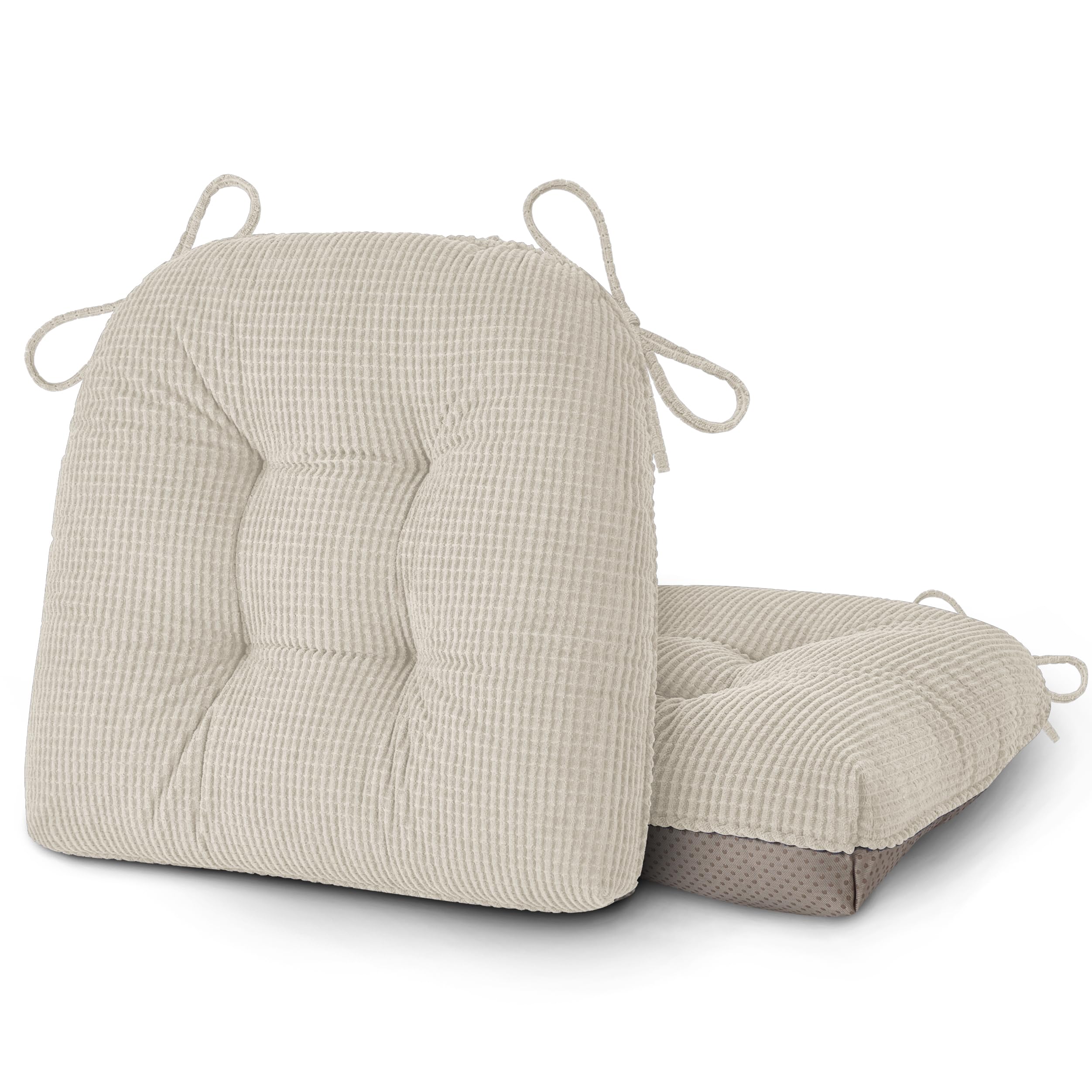 OVOV Dining Chair Cushions Set of 2 Soft Non-Slip Kitchen Chair Pads Tufted Seat Cushion with Ties for Kitchen Dining Room(46X42X8cm Beige)