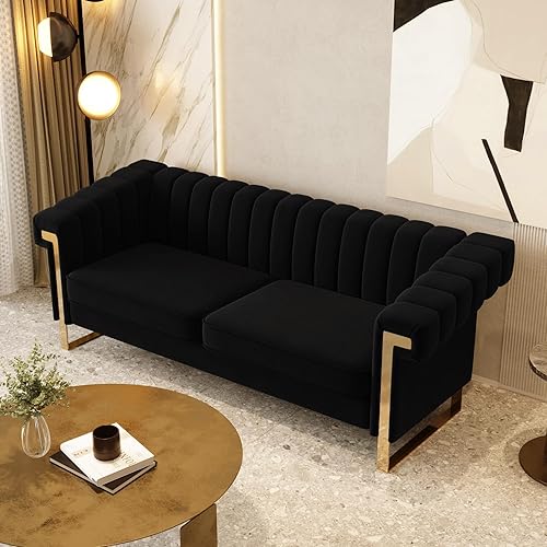 Miniatura 4 de Sofá moderno de terciopelo negro Mid-Century con patas de metal dorado, 83.86 pulgadas, cómodos sofás Chesterfield de lujo para sala de estar