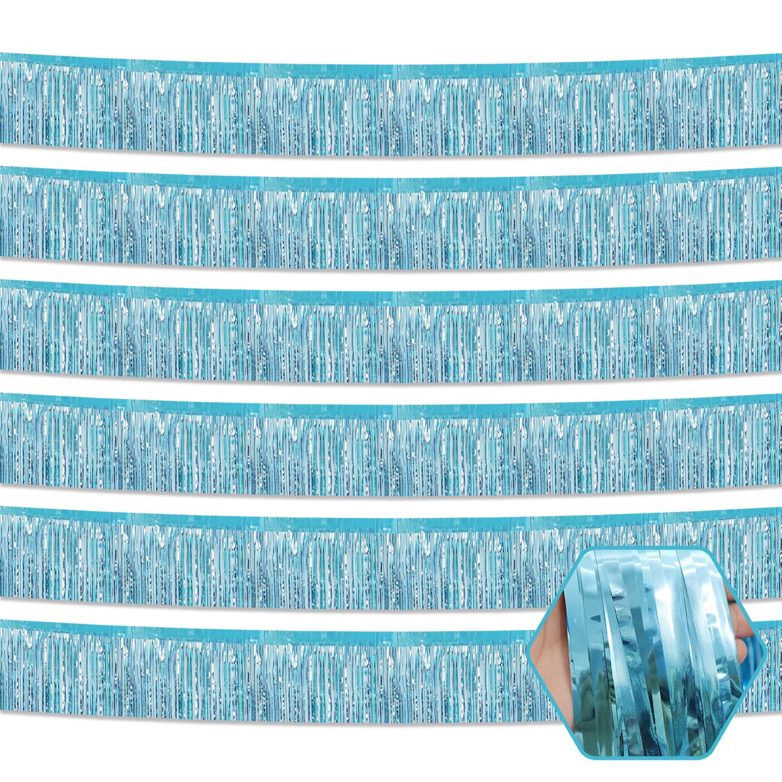 6 Pack 10 Feet Light Blue Foil Fringe Garland Metallic Tinsel Streamers Banner Wall Hanging Curtain Backdrop for Parade Floats, Birthday, Graduate, Mother's Day, Wedding Party Decoration