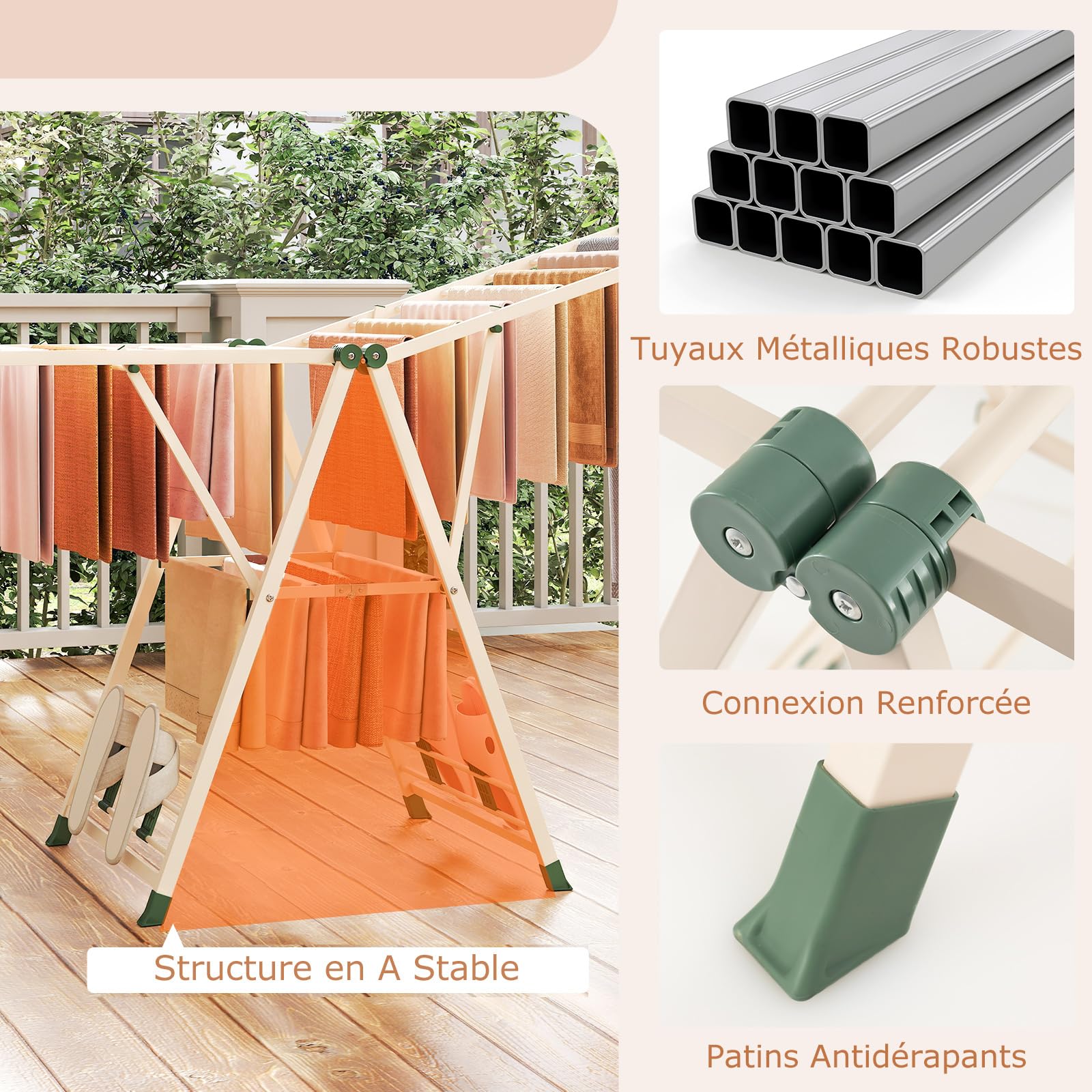 COSTWAY Etendoir Linge Pliable, Sechoir a Linge Pliable 20 Barres, Cadre en Acier, Hauteur Réglable 99-168 cm, Pinces à Chaussettes, 4 Porte-Chaussures, Tancarville Linge Intérieur (Beige,184 cm)
