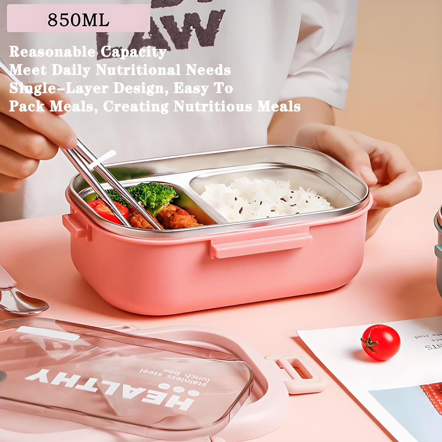 Stainless Steel Lunch Box, 2 Compartment Bento Box for Adults, Easy to Clean, Leak-Proof Design, Food Storage Container with Tableware for Family, Work, Picnics and Travel(850ml, Pink) - Image 8