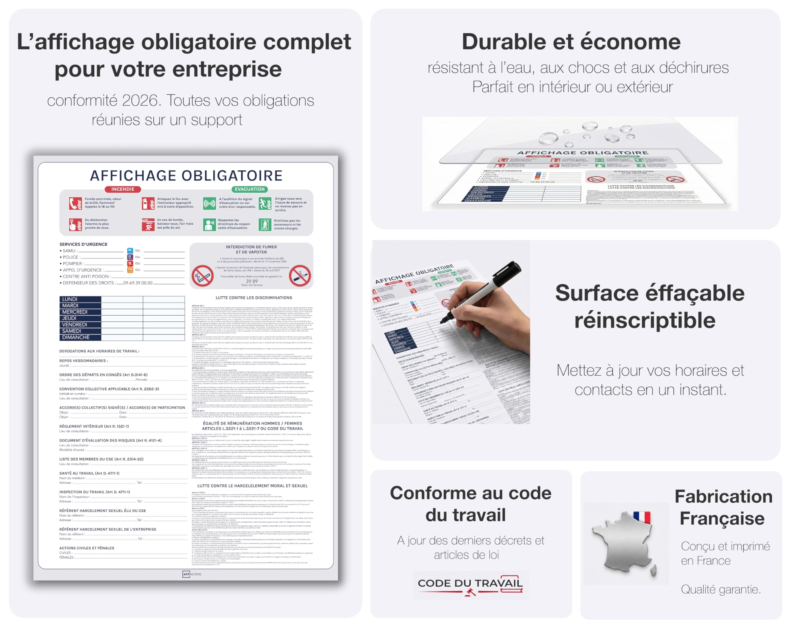 Affichage Obligatoire Entreprise 2026 - Pack Conformité: Panneau A3 Code du Travail + Affiche A4 Consignes Sécurité & Évacuation + Sticker A5 Interdit de Fumer - Kit Adhésif Complet, Fait en France