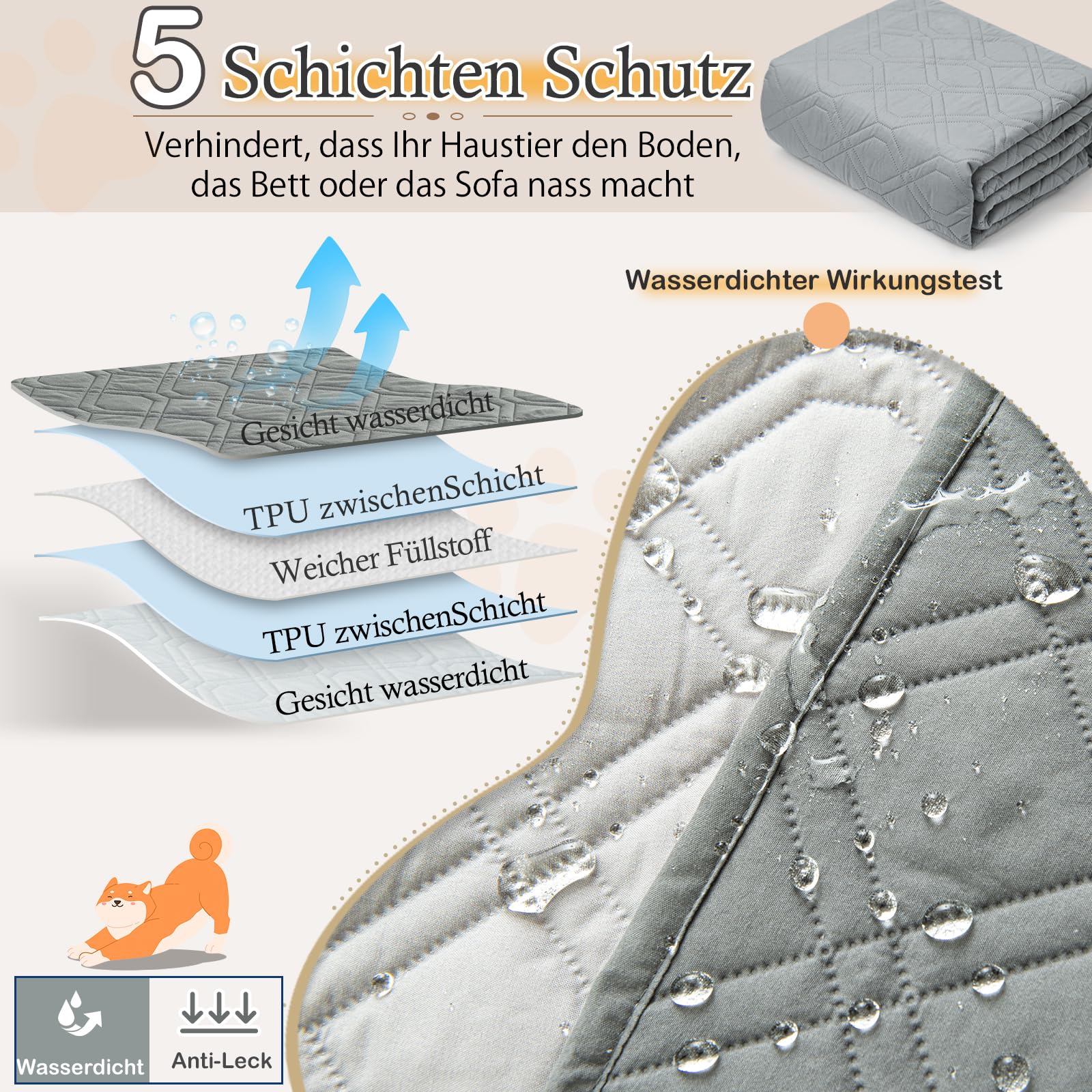 100% wasserdichte Hundedecke-Beidseitig verfügbar und weich Hundematte für großeund kleine Hunde,Schutz für Sofa & Bett& Auto - in der Waschmaschine waschbar (Grau, 137 * 208CM)