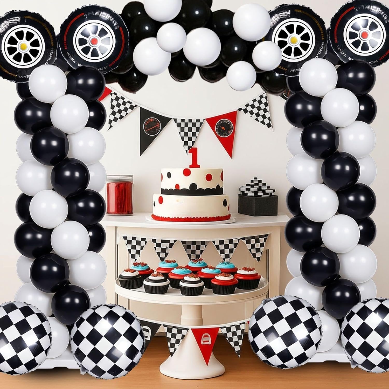 Skylety 2 Sets Race Car Balloon Column Stand Kit Adjustable Race Car Black White Balloon Stand with Bases for Birthday Wedding Anniversary Graduation Party Baby Shower Decorations Supplies