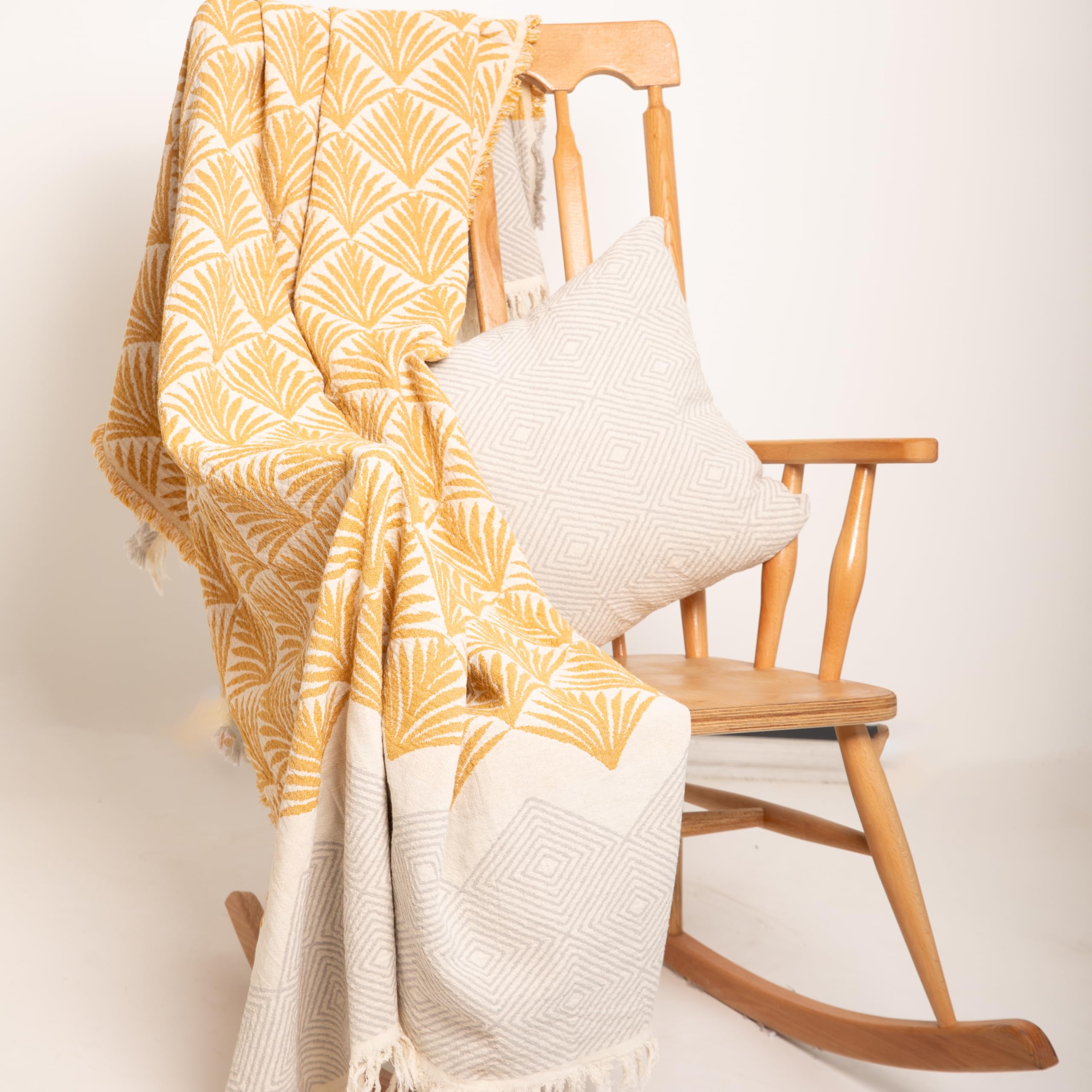 MylasaHome Premium Cotton Throw Blankets – 70x50 Inch, Fabric with Elegant Geometric Pattern – Perfect for Living Room, Bedroom and Home Decor (Golden