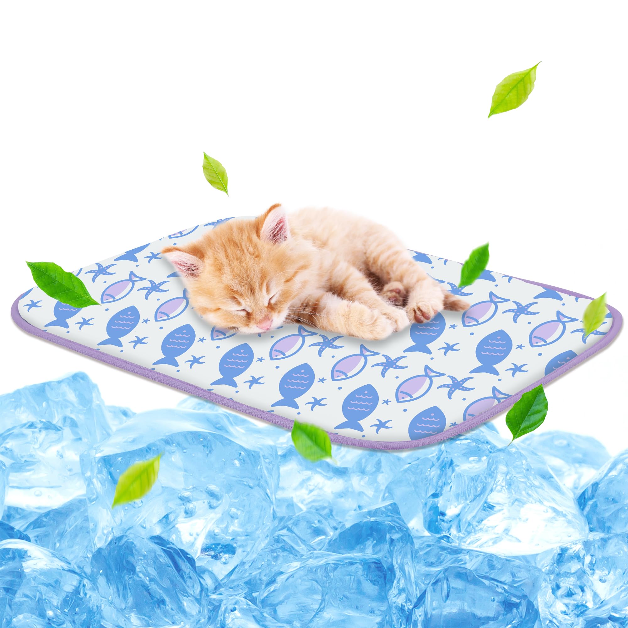 NWK Pet Cooling Mat - Ice Silk Cooling Mat for Dogs & Cats Portable & Washable Pet Cooling Blanket, Car Seats, Beds for Summer (1, Purple Fish, 16’’ X