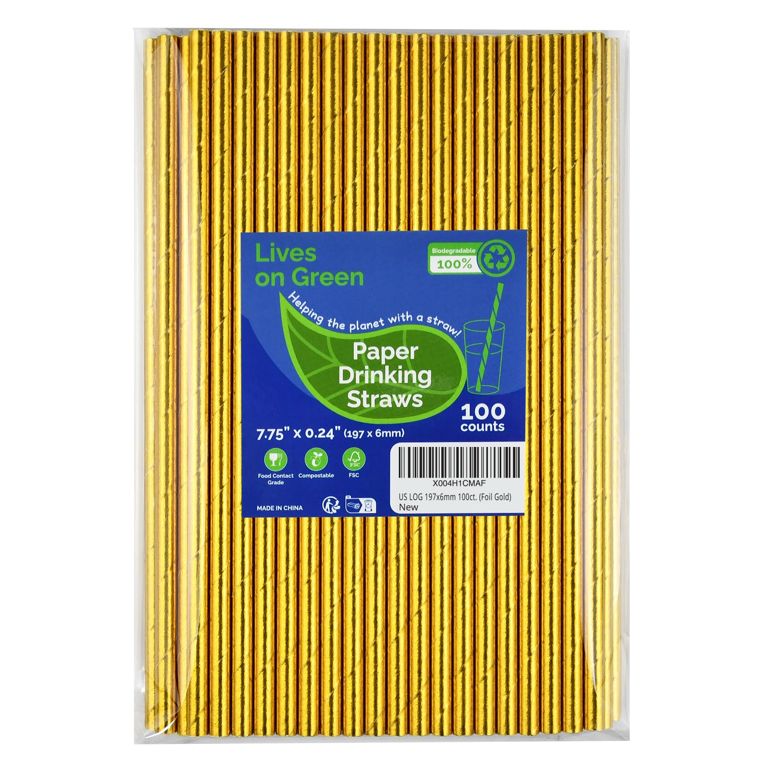 Lives on Green 7.75 inch Compostable Gold Paper Straws 100 Counts - for Drinking, Cocktails, Party, Wedding, Decoration