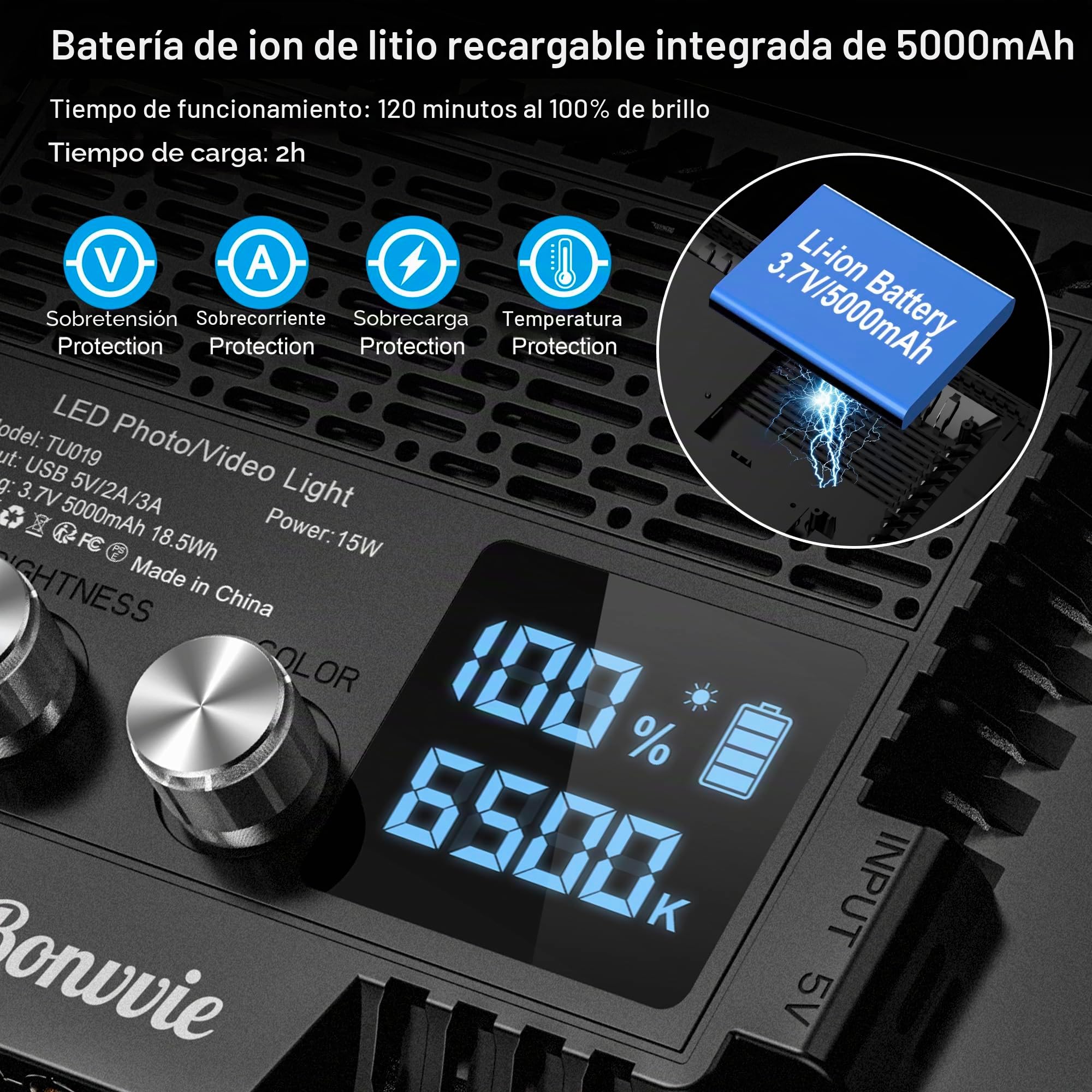 Luz LED Video 9", Bonvvie 3000-6500K Iluminación de Foto para Estudio y Fotografía al Aire Libre, Vlog, Videoconferencia, Transmisión en Vivo, CRI 97+ Bicolor Luz de Cámara con Batería Li-Ion 5000mAh