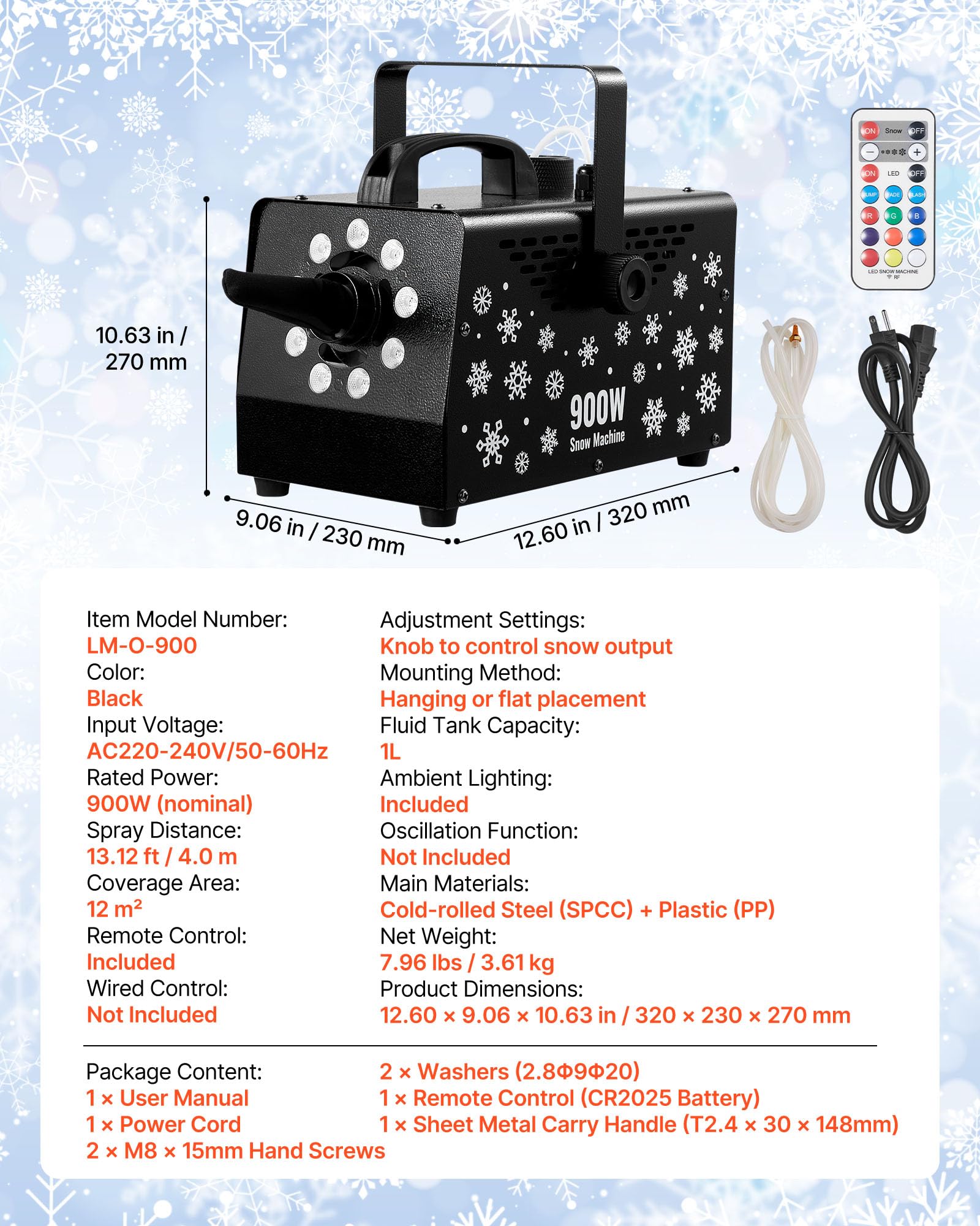 VEVOR Schneemaschine, 900-W-Schneekanone, Kunstschneeerzeuger, Schneeflockenmaschine, Kunstschneeflockenmaschine für den Innen- & Außenbereich für Feiertage, DJ-Partys, Weihnachtsdekoration