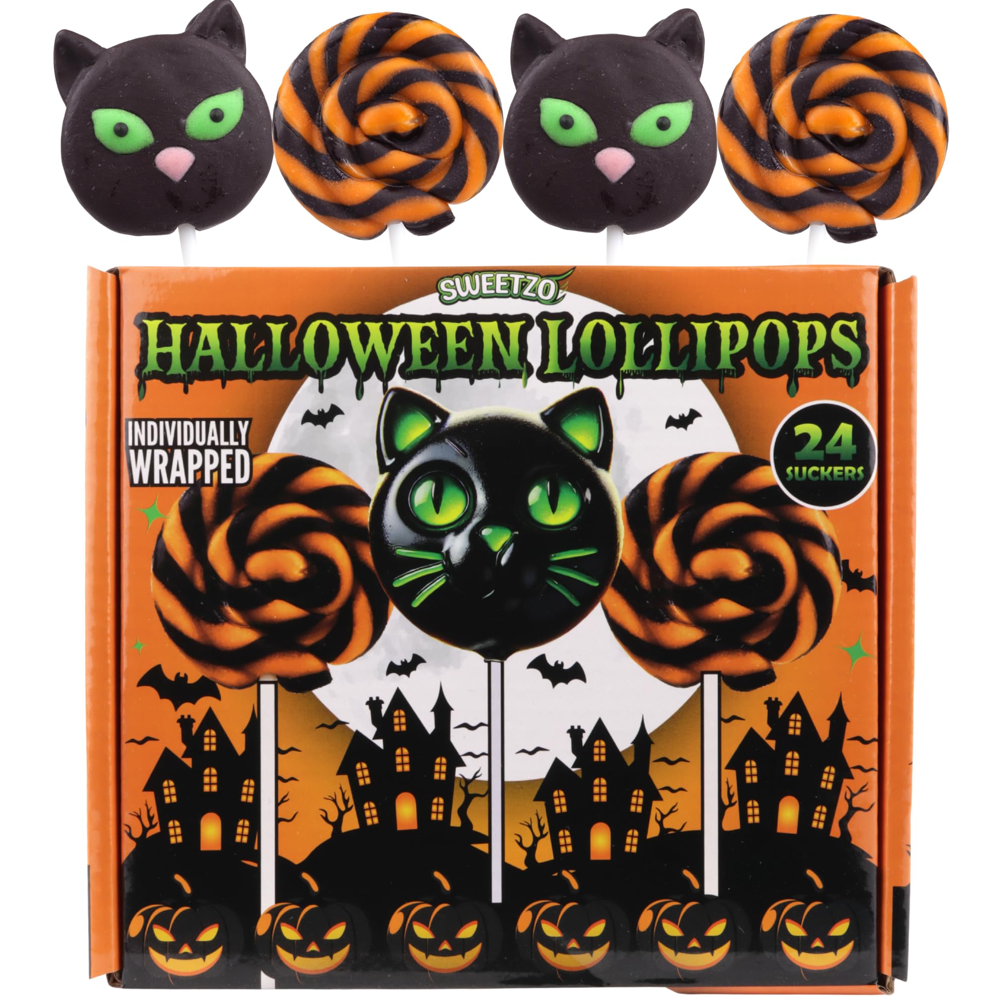 Einzeln verpackte Halloween-Lutscher, Süßigkeiten-Wirbel und Katzen-Saugnäpfe, Süßigkeiten- oder Leckerei-Bonbons, 24 Stück