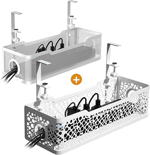 Cinati - Paquete de 2 cajas de gestión de cables de abrazadera mejorada, color blanco, sin taladros, bandeja de gestión de cables para debajo del