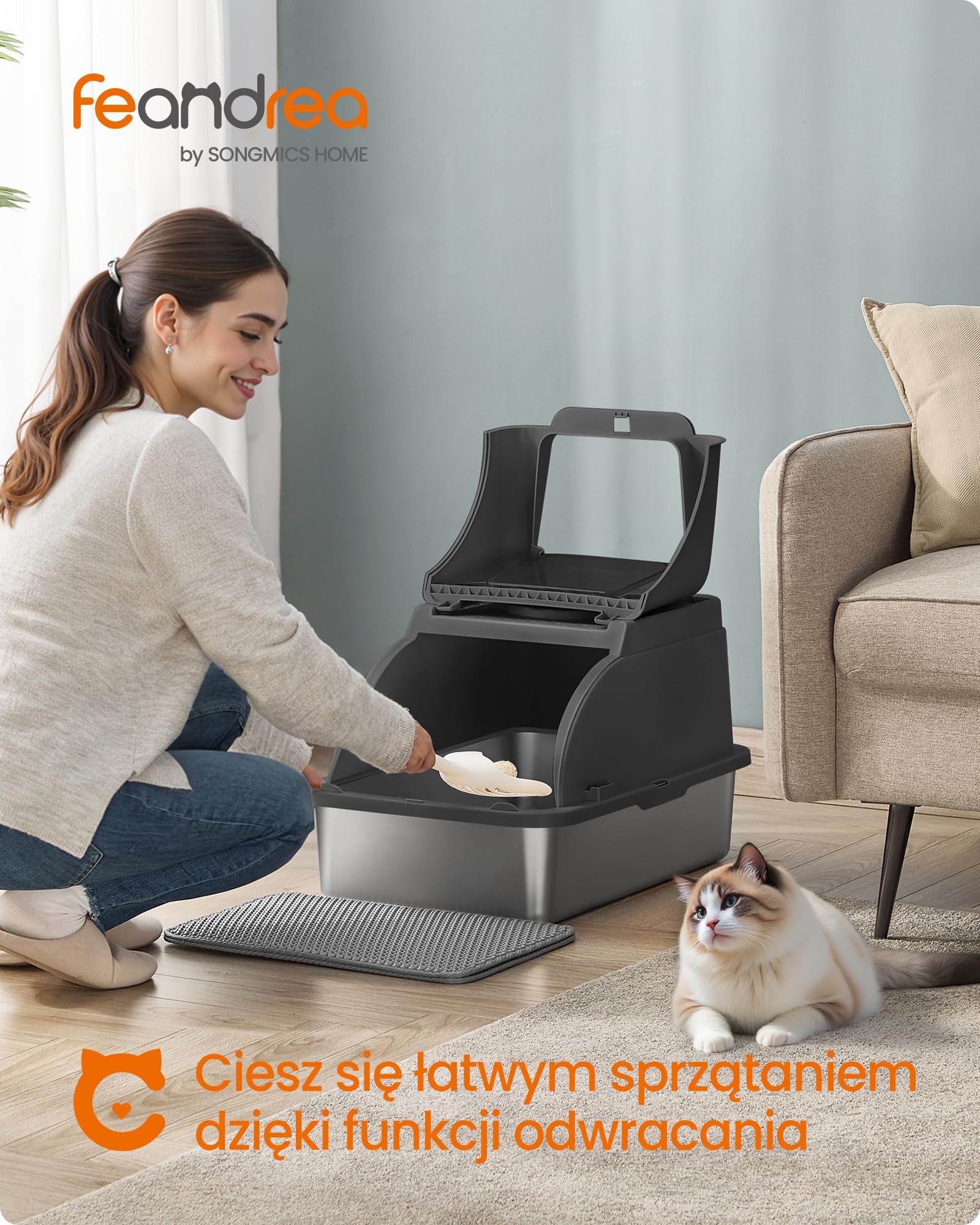 Feandrea Kuweta dla kota ze stali nierdzewnej, XL, z pokrywą, łopatką, szczotką i 2 wejściami, dla kotów do 15 kg, kolor czarny PPT005BH01