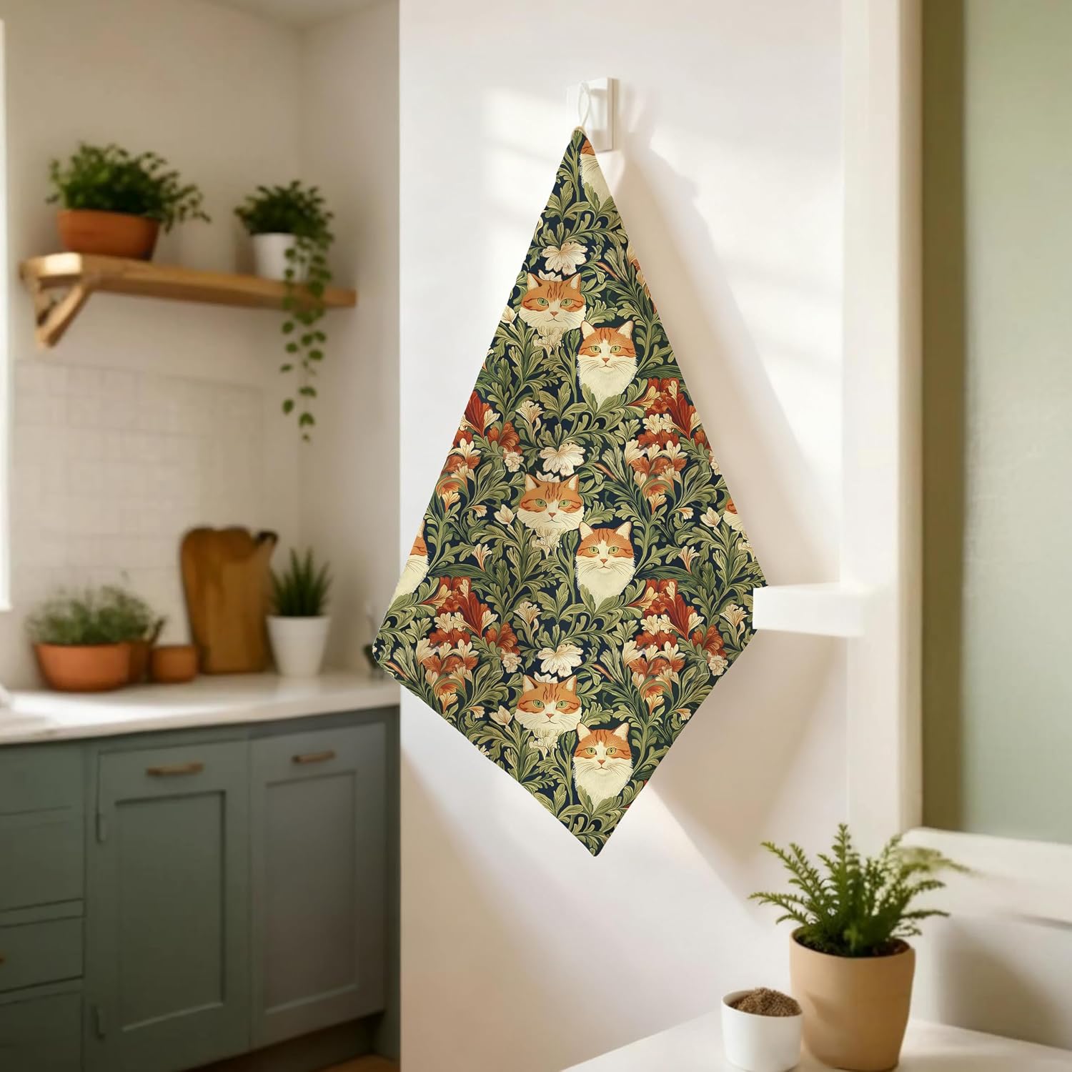 Cat Kitchen Towels Vintage Hand Towels Floral Orange,Art Nouveau Decor,Gifts Decorative Hand Towels for Bathroom,Retro Art Nouveau Botanical Kitten Dish Towel for Kitchen Decor,16x24 Inch