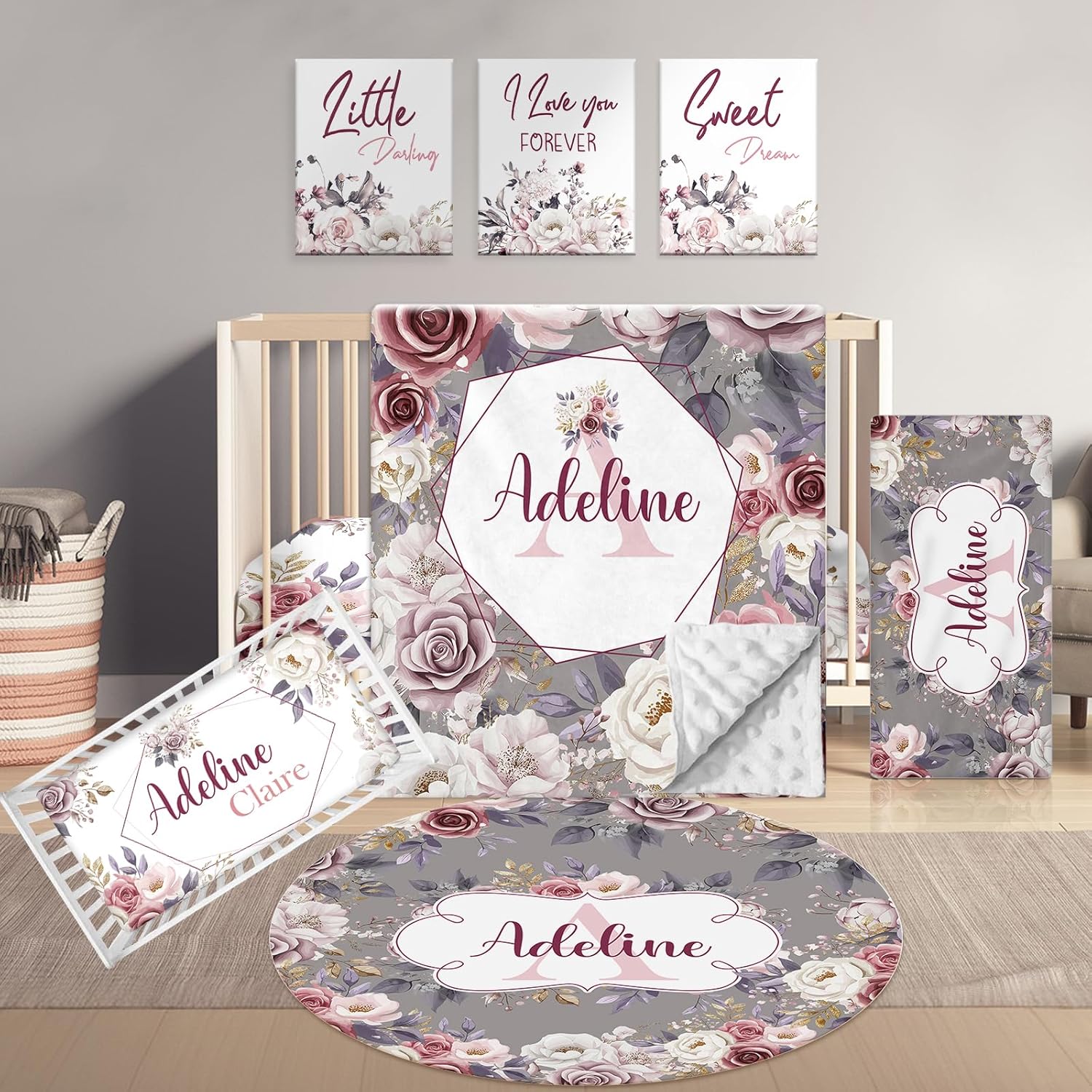 Personalized Baby Bedding - 5 Pcs Custom Name Bedding for Girls & Boys - Soft Toddler Crib Sets for Infant Customized Gifts, Rose