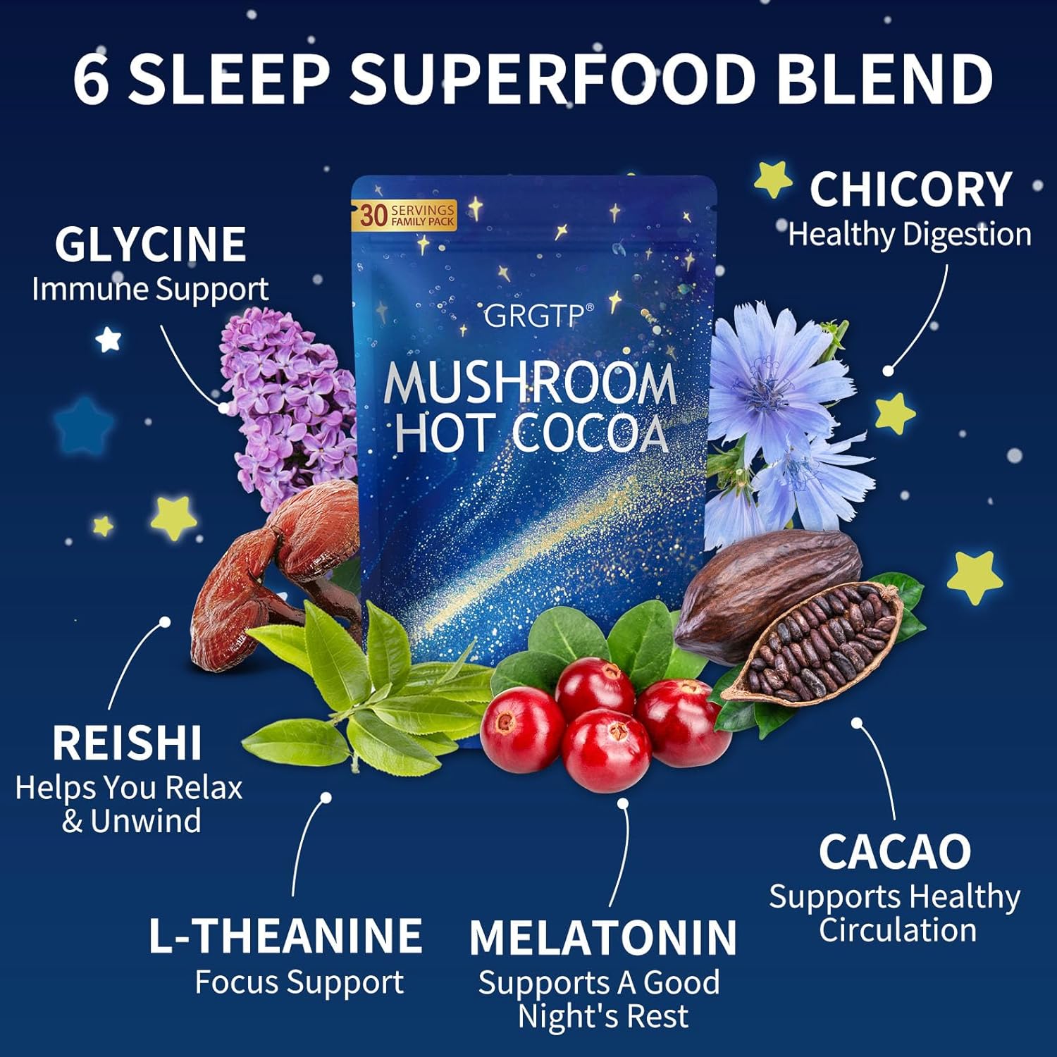 81bySWiT01L._SL1500_ Mushroom Hot Cocoa - Reishi & L-Theanine Adaptogenic Hot Chocolate Mix with Melatonin & Glycine for Sleep Support, Stress Relief, and Relaxation, 30 Servings (1 Pack)