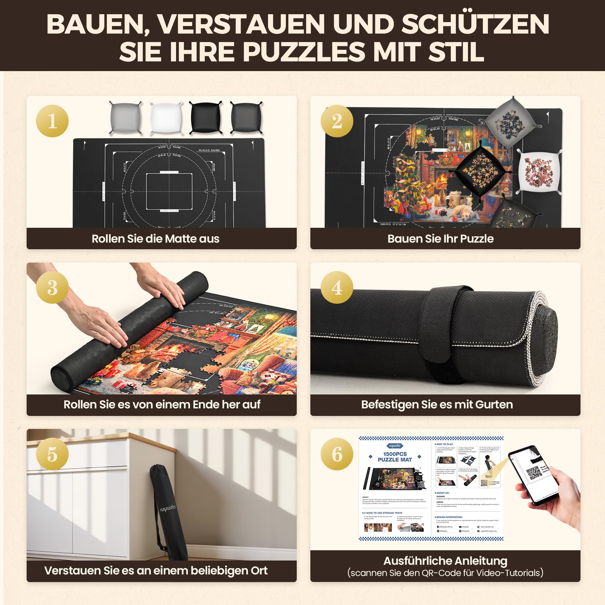 ROPODA Puzzlematte, rutschfeste Puzzle Matte mit Sortierfächern, Puzzelmatten für Puzzle bis 1500, Tragbare Puzzle Matte Roll mit Aufbewahrungstasche, Puzzle-Sparer für Erwachsene und Kinder, Schwarz