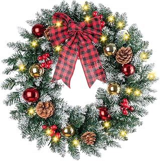 Christmas Wreath, Lighted Christmas Wreath for Front Door, Crestwood Spruce, Decorated with Pine Cones, Berry Clusters, Frosted Branches, Christmas Collection