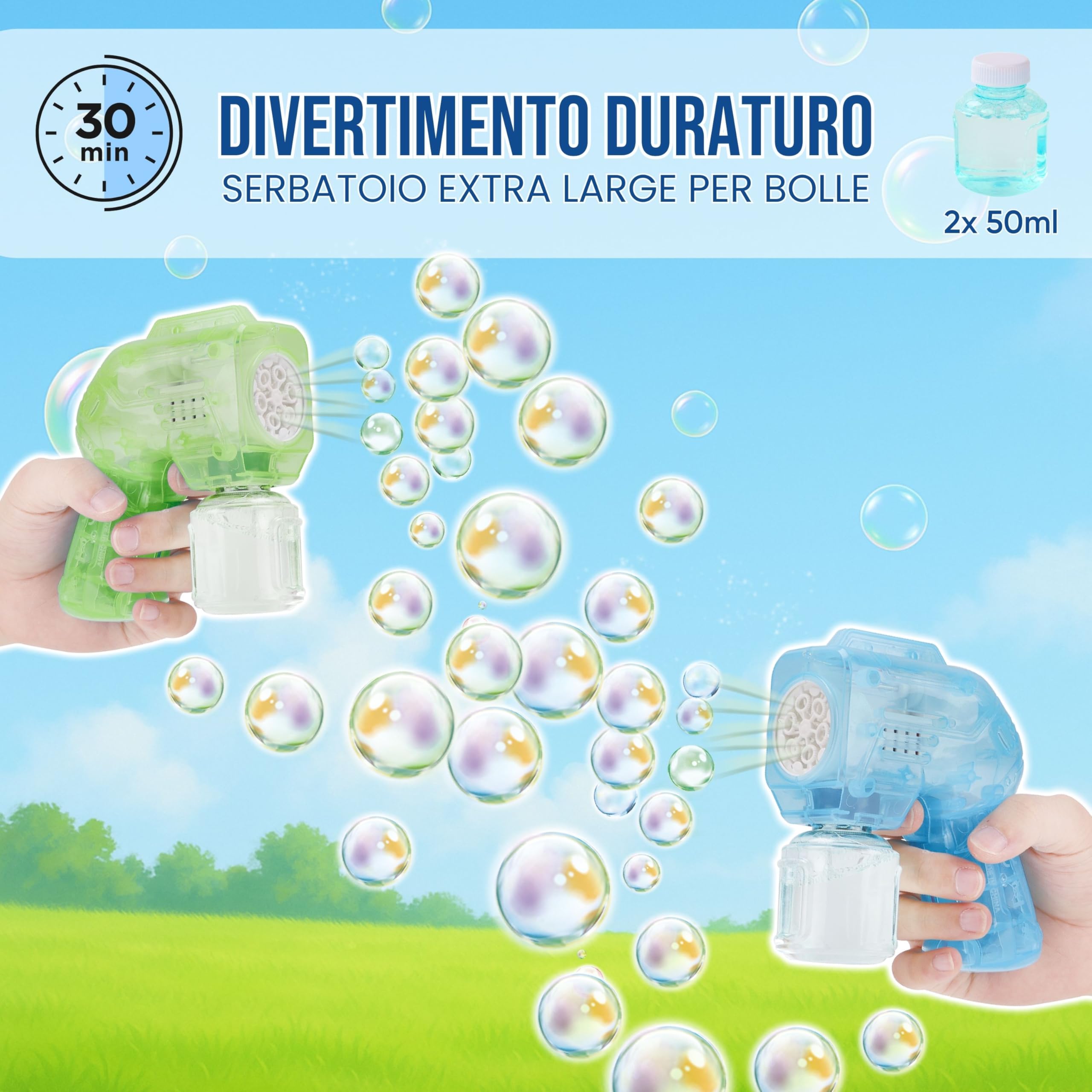 Blubbel 2x Sparabolle di Sapone LED, Pistola Giochi, Macchina Automatica, Bubble Gun, Cannone d’Aria, Giocattolo Matrimonio, Regalo Estivo Bambini, 2x 50ml Liquido Incluso