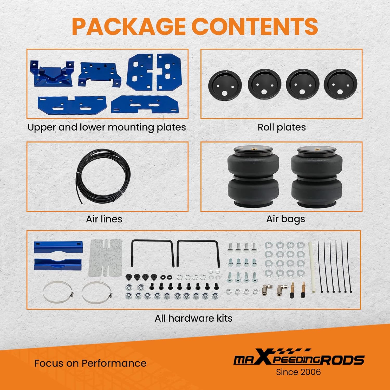 Diagrama que muestra el contenido del paquete, incluidas las placas de montaje superior e inferior, placas antivuelco, líneas de aire, bolsas de aire y varios kits de hardware.