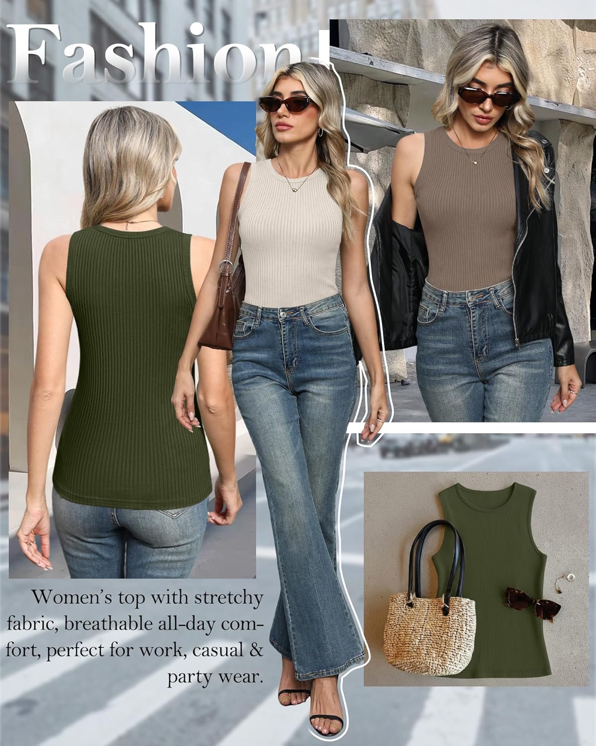 3 Pack Women's Ribbed Tank Tops Sleeveless Cotton Casual Knit Slim Shirts Crew Neck Summer Basic Tops - Image 6