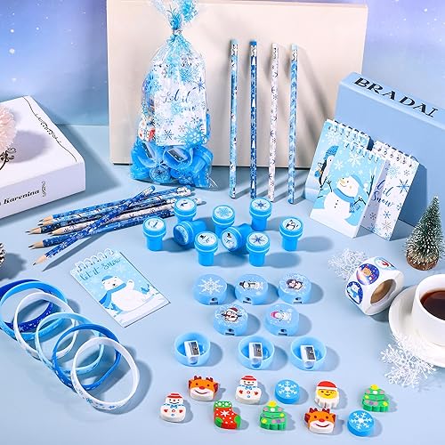 Miniatura 5 de Fovths Juego de papelería escolar de copo de nieve de invierno de 169 piezas, incluye lápices de copos de nieve con pulseras de borrador, cuadernos,