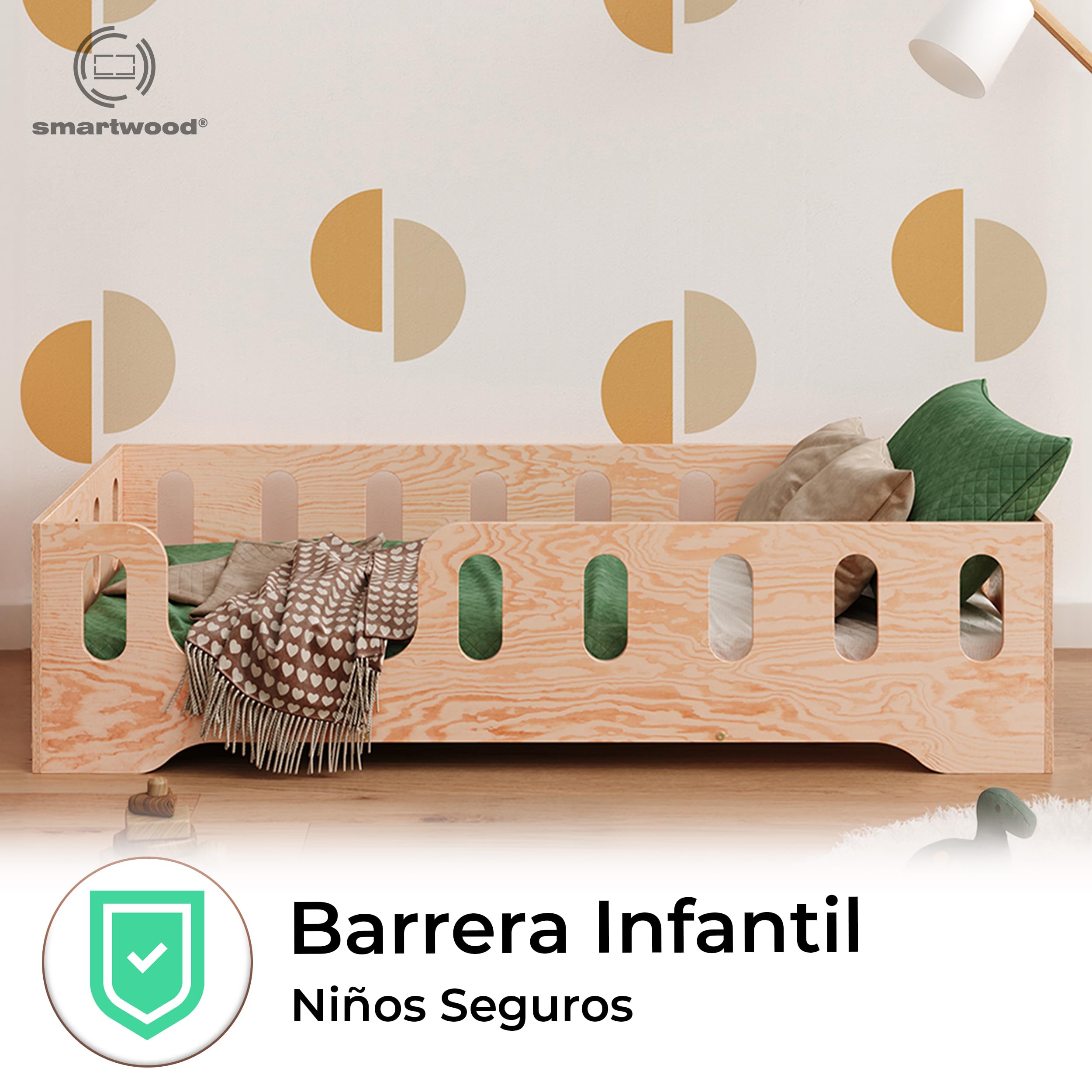 smartwood Cama Infantil 90x190 cm - Cama Montessori de Madera Certificada FSC, con Barandilla de Protección y Somier hasta 230 kg - para Niño y Niña - Montaje Fácil - TILA 2L