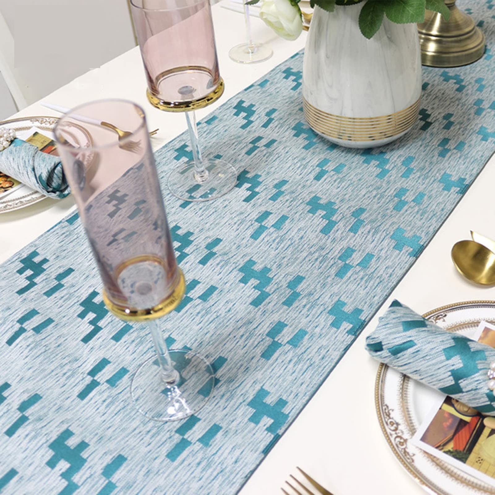 Epinki Tischläufer Wohnzimmer, Baumwolle Tischläufer Fleckschutz Quaste Dreieck Geometrisch Muster, Tisch Läufer für Picknick Party Küche Hochzeit (Grün, 35x183 cm)