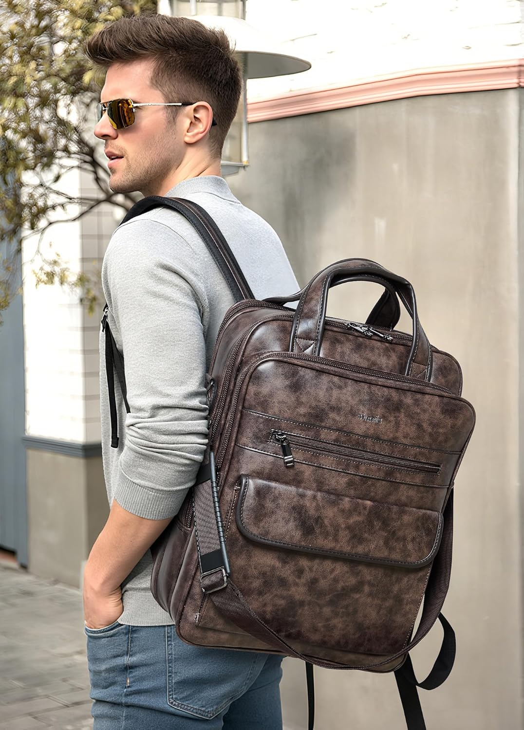 Shrrie Laptop Backpack for Women and Men, 15.6 Inch Vegan Leather Computer Backpack Professional Water-Resistant Casual Daypack for Work Business College Travel Office,Two-toned Coffee - Image 2