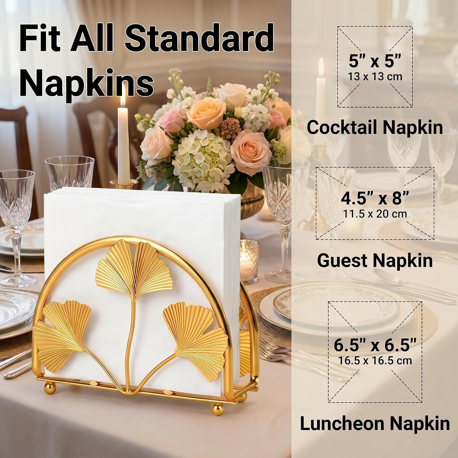 Gold Ginkgo Leaves Napkin Holder for Table, Elegant Napkin Holders for Paper Napkins, Napkin Standing Holder, One Piece Cocktail Napkin Holder for Bathroom, Kitchen, Dinning Table Decor