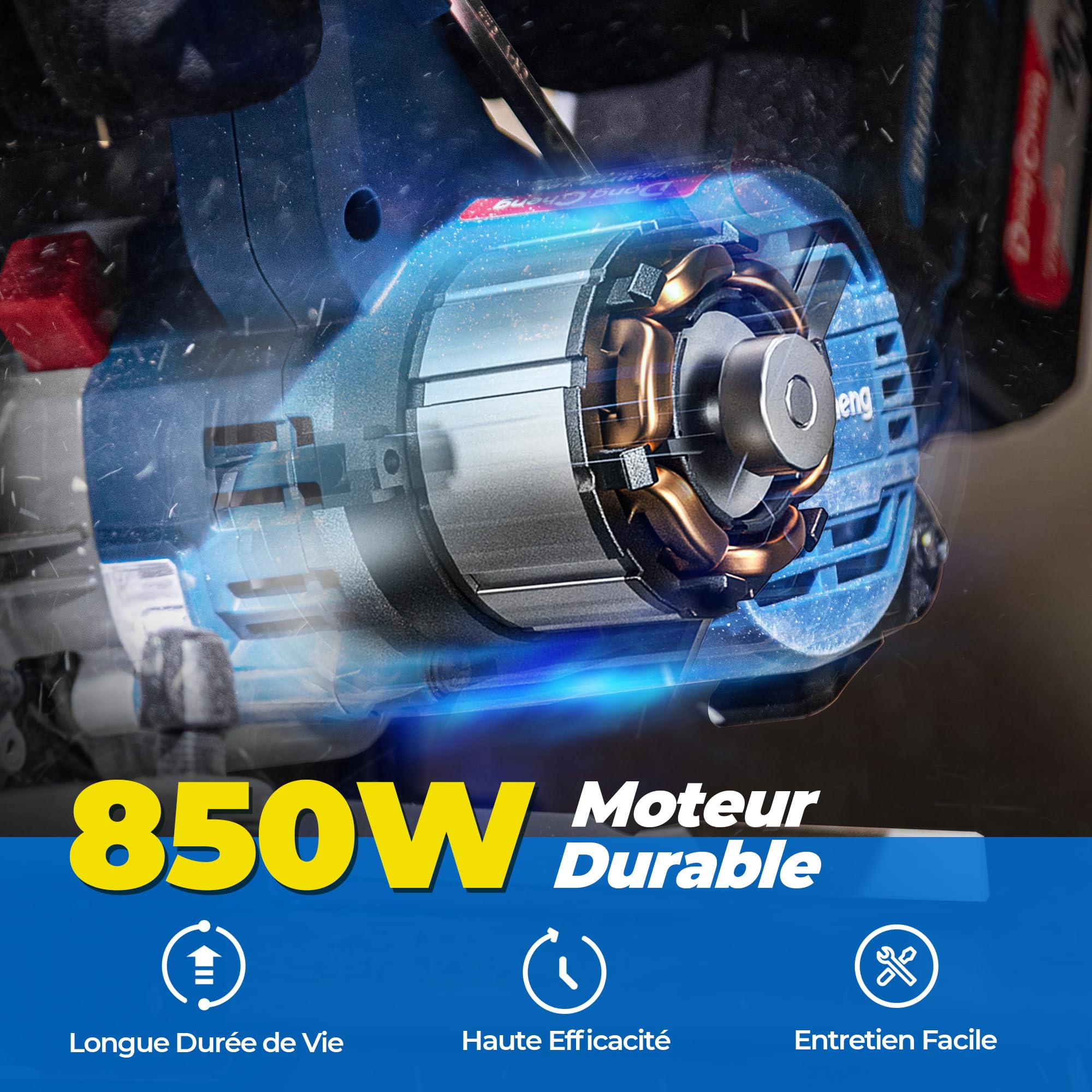 Dong Cheng Scie Circulaire Sans Fil Ø185 mm, 5000 RPM, Profondeur Coupe 65(90°)/45mm(45°), Avec 3 lame de scie Ø 185 x Ø 20 mm et Rail Guide, pour Bois, Carrelage, Métal Mou