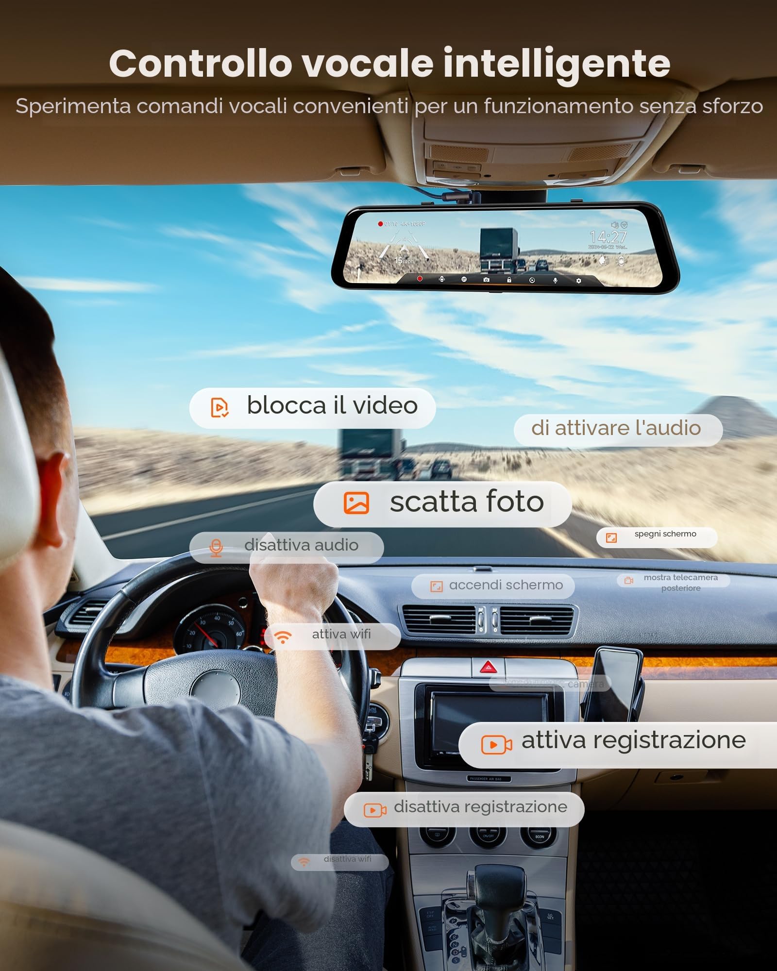 WOLFBOX G850 PRO 4K Dashcam a specchio con ADAS e BSD, specchietto retrovisore intelligente con WiFi 5,8GHz, controllo vocale, telecamera posteriore da 12 pollici con scheda da 64GB inclusa, GPS
