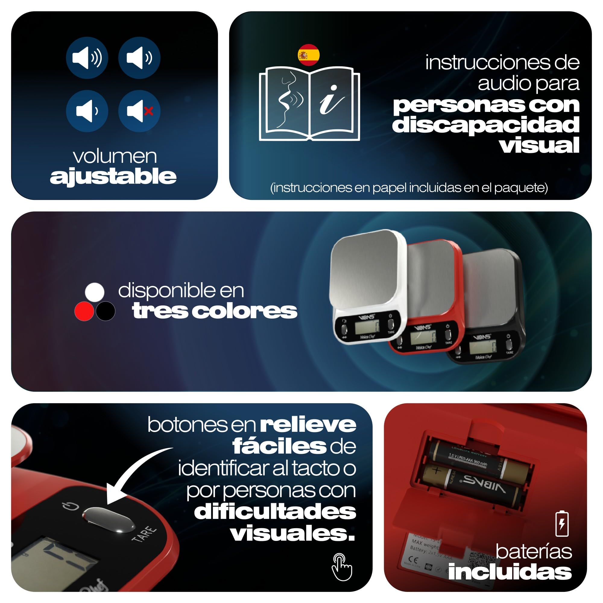 Báscula Parlante VIBAS iVoice Chef con Cuenco, para Mayores y Discapacidad Visual, 5 Idiomas, Señales Sonoras, Repetición del Peso, Volumen Ajustable, Hasta 10 kg, Pilas Incluidas