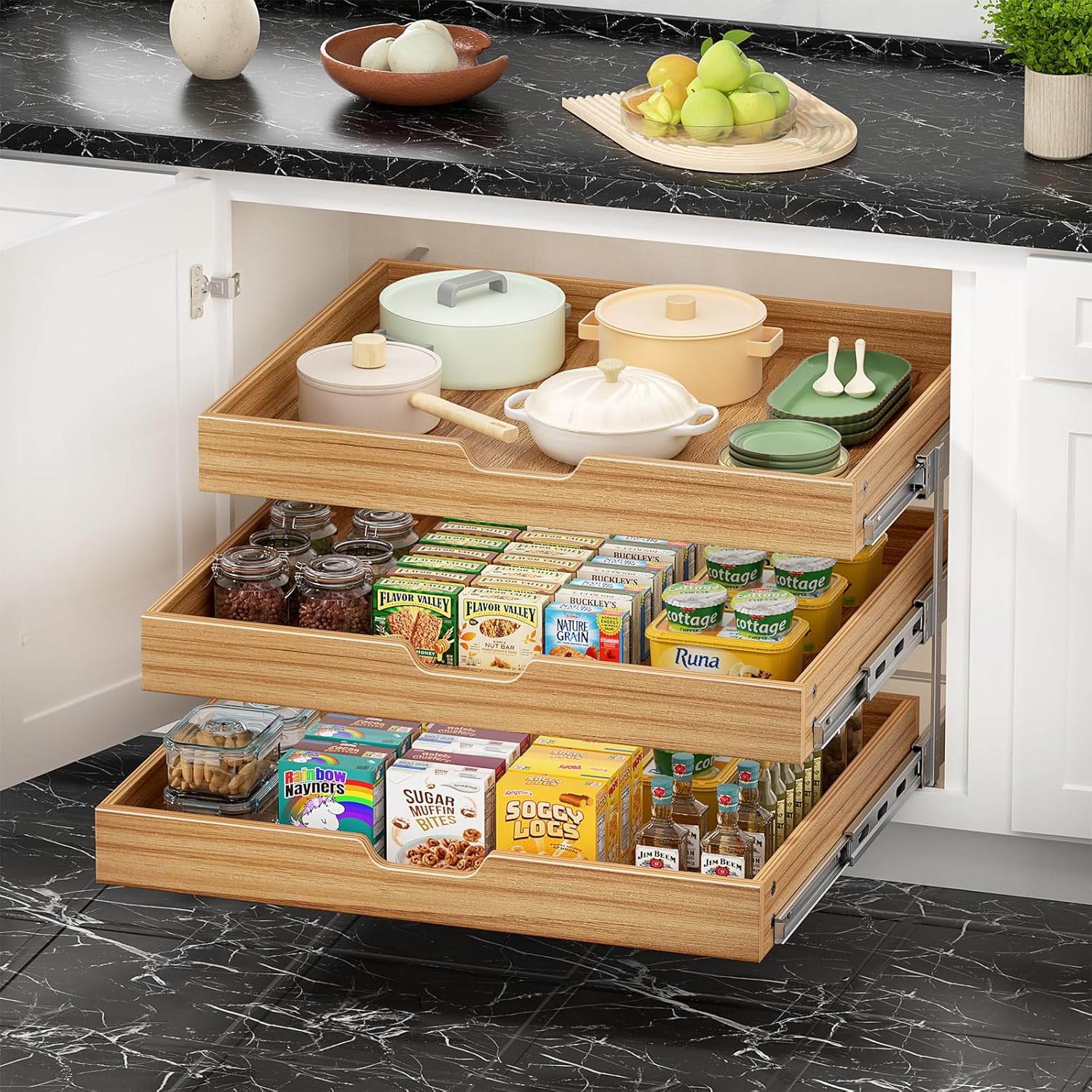 ROOMTEC 3 Tier Pull Out Cabinet Organizer 30" W X21 D, Heavy-Duty Pull Out Drawer, Slide Out Wood Shelf for Cabinets, Base Cabinet Organization for Pantry, Bathroom