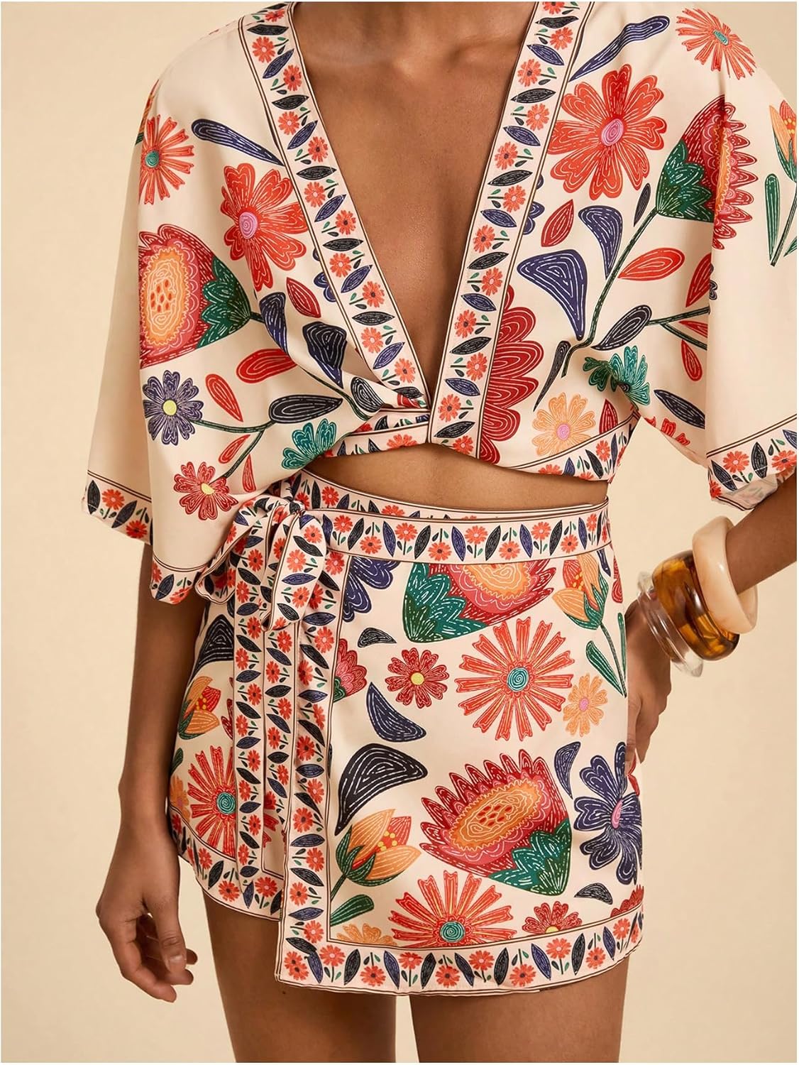 RoseSeek Women's 2 Piece Outfits Half Sleeve Crop Blouses and Wrap Skirts Set Boho Beach Vacation Clothes