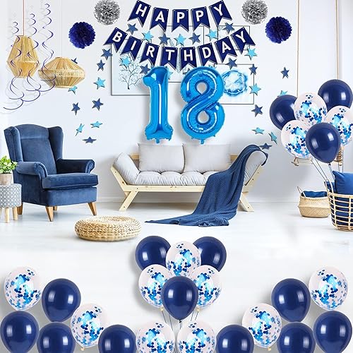 Miniatura 8 de Decoraciones de fiesta de cumpleaños azul número 16 para niños y niñas, suministros de globos de feliz cumpleaños 16 con pancarta de feliz
