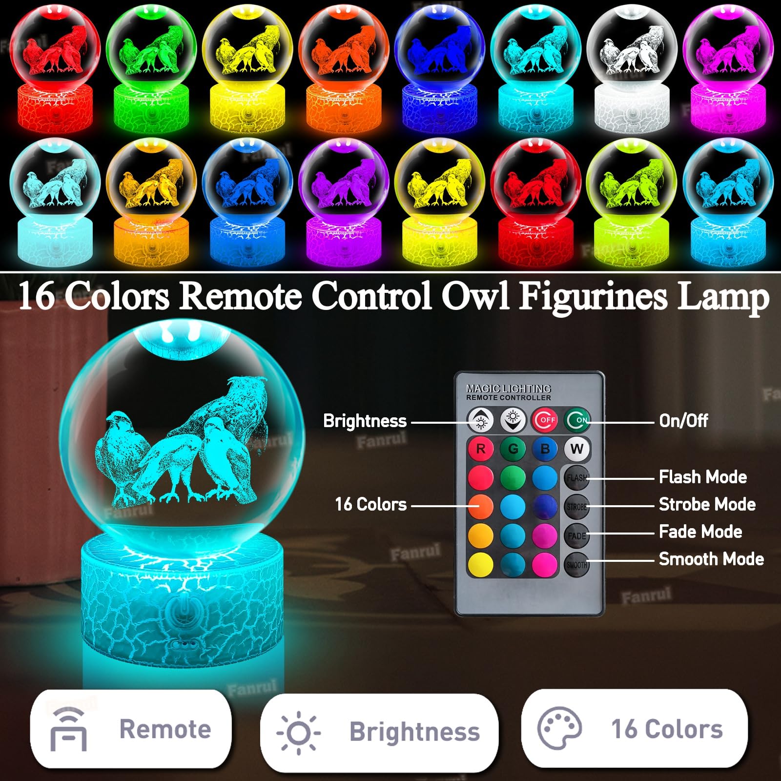 Fanrui 3D Owl Eagle Bird Lamp, 3D Owl Crystal Ball Night Light,16 Colors 80MM Crystal Ball Lamp with Boys Remote Control.Owl Decoration Glass Sphere Paperweight Lucky Feng Shui Decorative Balls Gifts