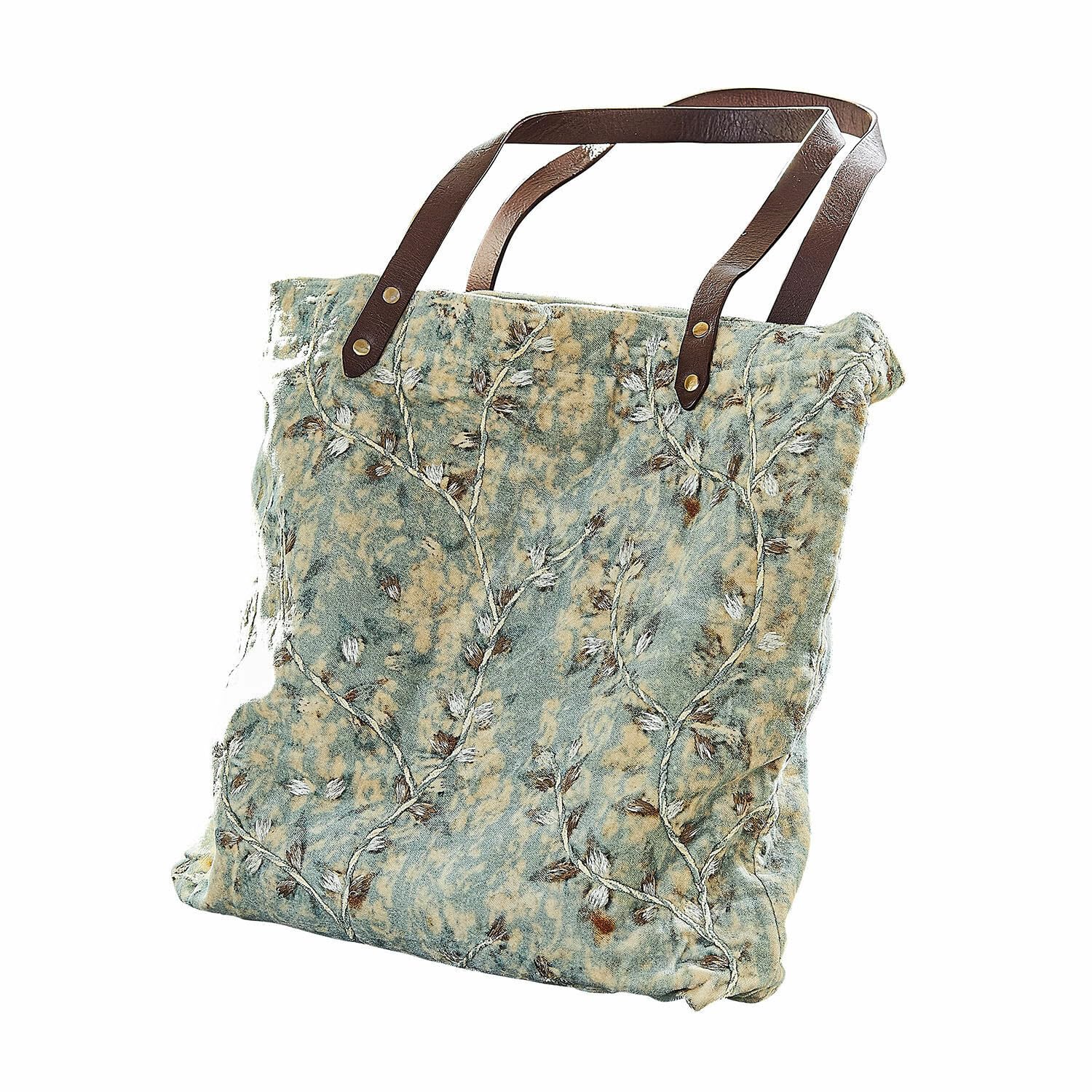 Loberon Tasche LaRoux - blau | Handbestickt, Echtleder-Henkel, mit Innentasche, Accessoire, Henkeltasche, Baumwollsamt, Büffelleder