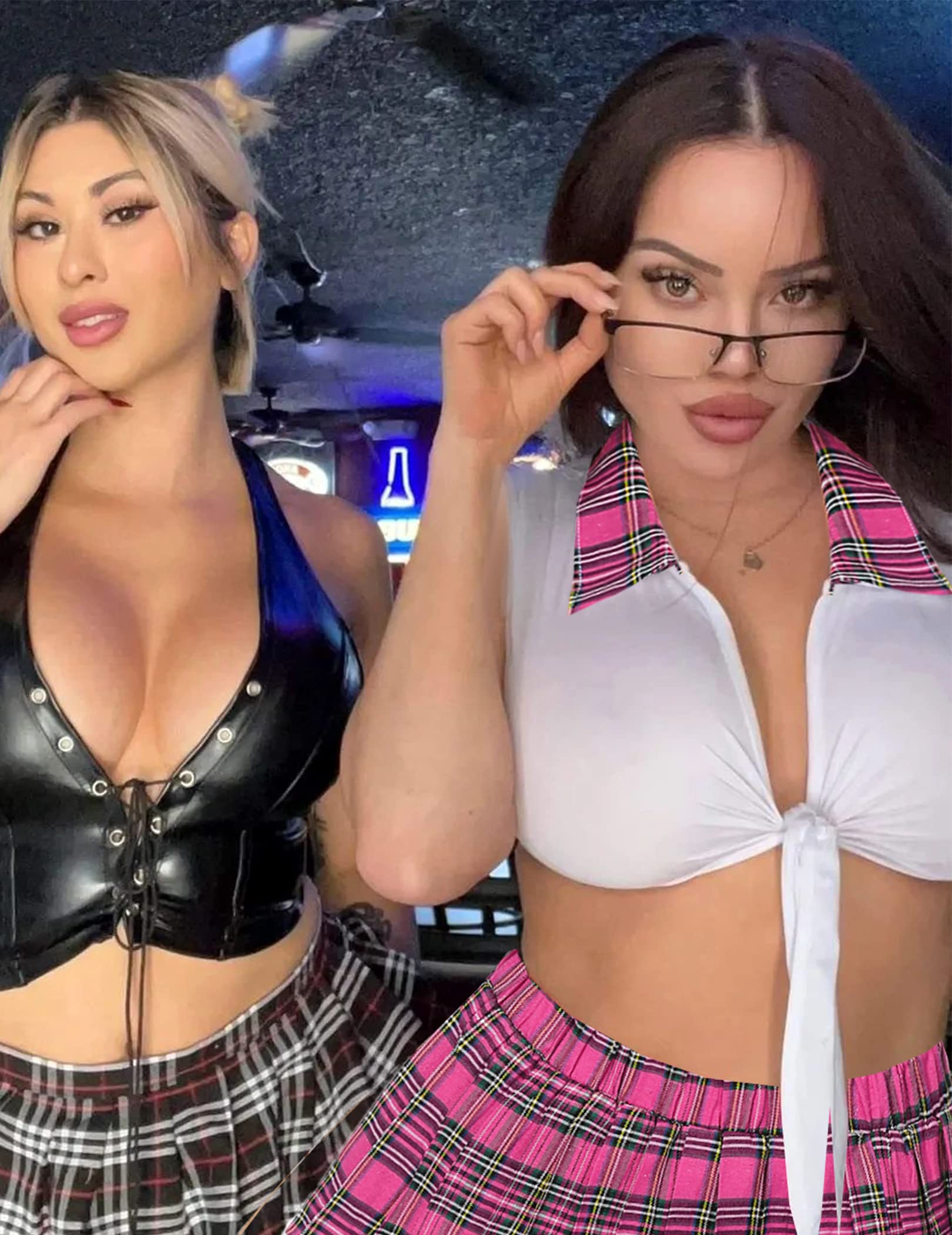 Avidlove Lingerie Set for Women Sexy Lace Two Piece Lingerie Outfits with Tie Top and Mini Pleated Skirt Set: Pink Small