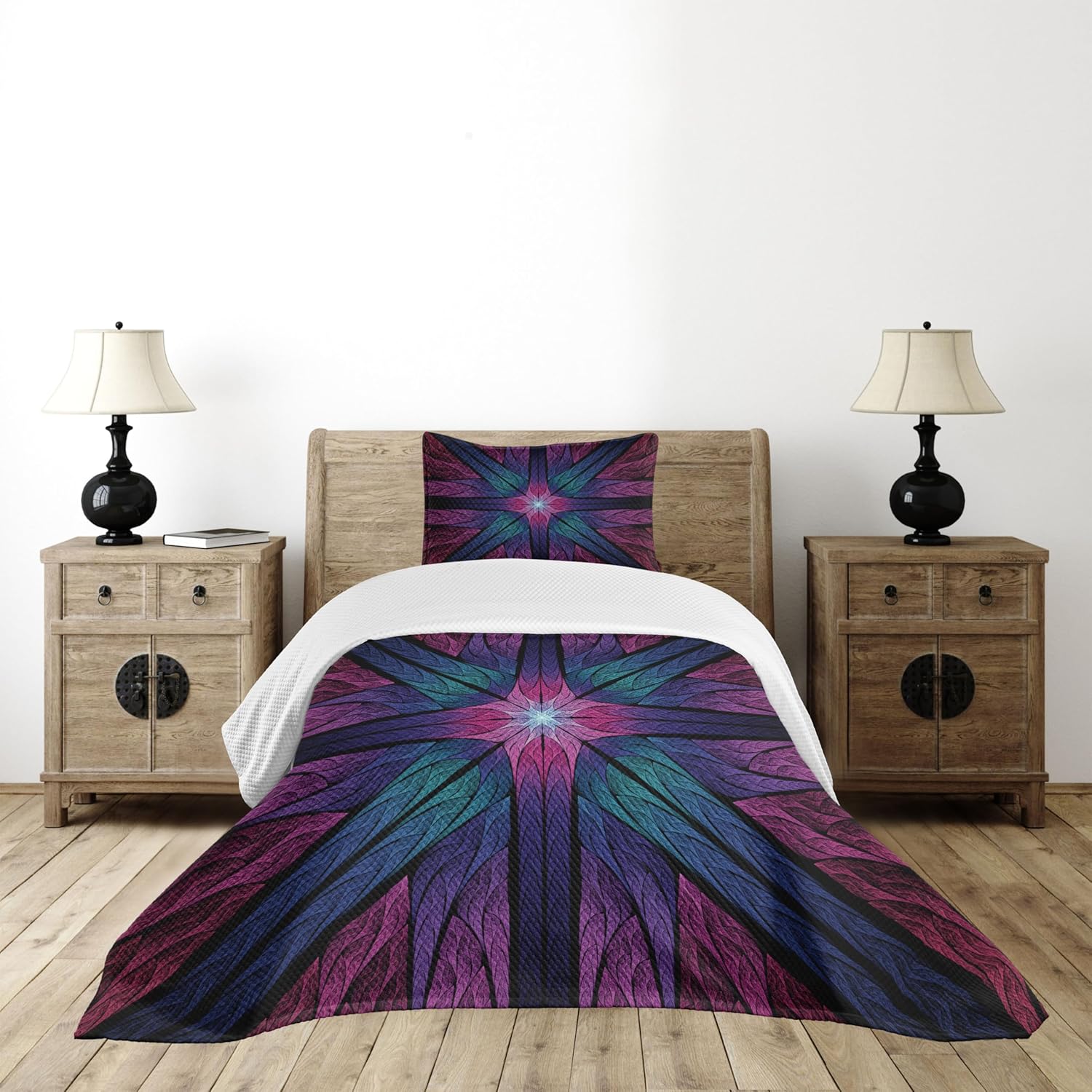 Ambesonne Fractal Bedspread Set, Psychedelic Colorful Symmetrical Stained Glass Vibrant Design, 3 Piece Decorative Bedding Coverlet and 2 Pillow Shams, Twin Size, Plum Indigo