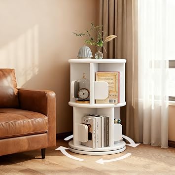 360 Rotating Bookshelf & End Table, Round Side Table with Storage for Living Room Bedroom, Space Saving Rubberwood Nightstand Bookcase, Corner Display Rack for Kids, PlantsWhite,26.4in