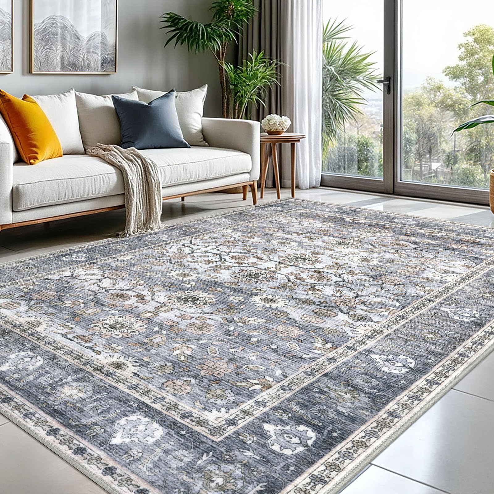 KUTA 8x10 Area Rugs for Living Room, Washable Large Rug for Bedroom 8ft x 10ft Non-Slip, Grey Blue Ultra Thin Soft Printed Vintage Floral Distressed
