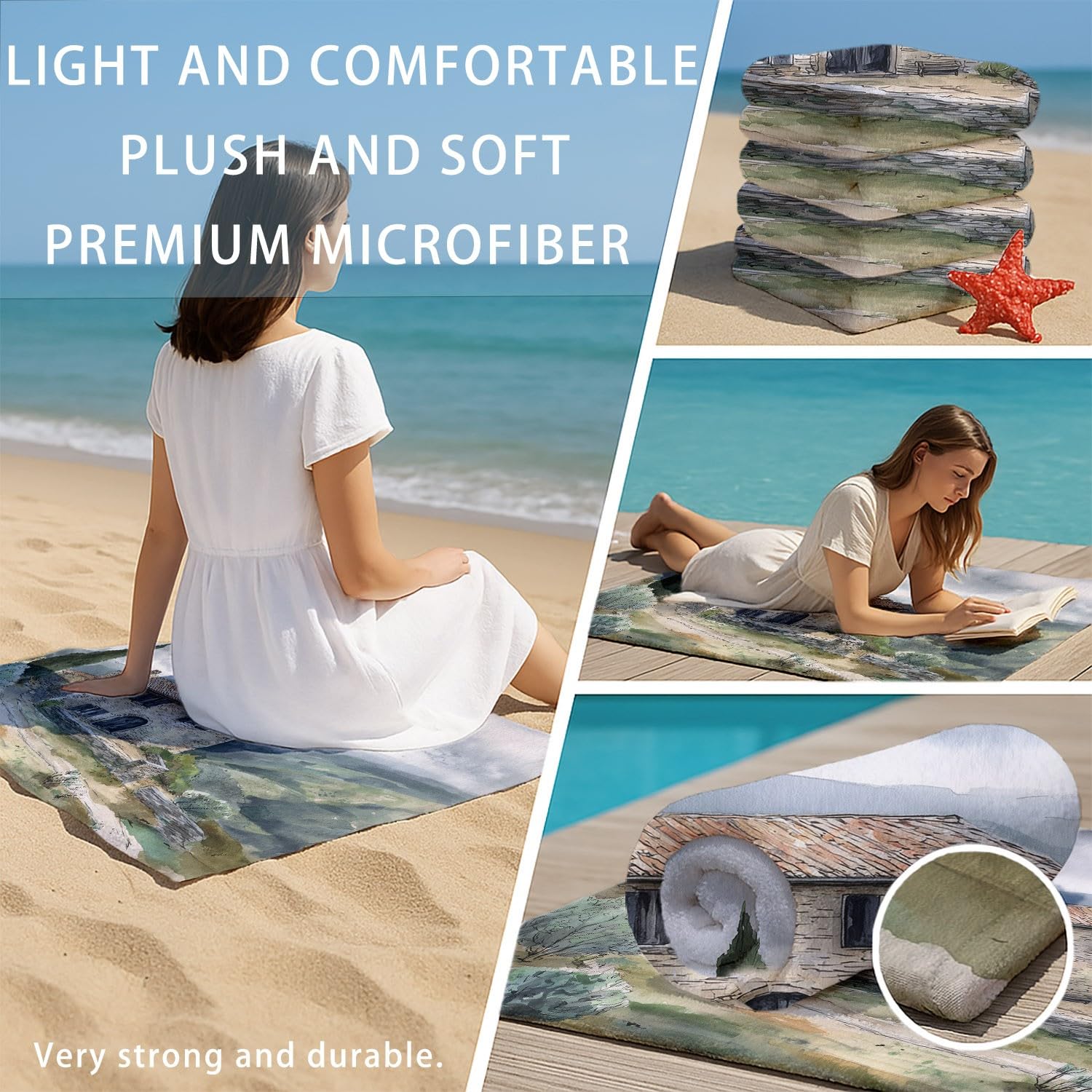 Serviette de Plage Microfibre 200 x 100 CM,Drap de Plage Classique, Doux, Élégant, Chat Tigr, Couverture de Plage Absorbante,Couverture de Bain Rayures, Fleurs, Feuilles Vertes, Architecture